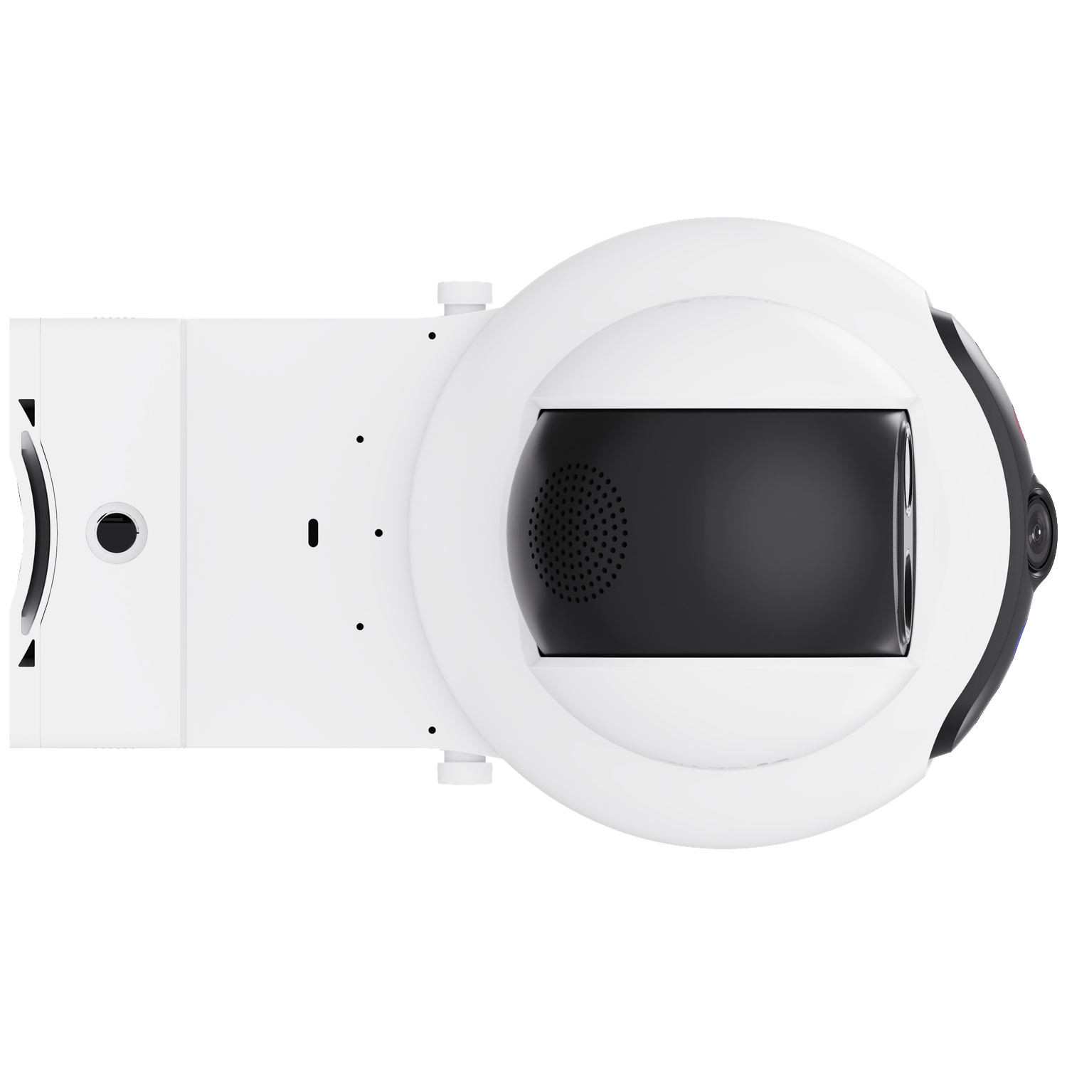 Une caméra de sécurité blanche avec un objectif noir et une grille de haut-parleur.