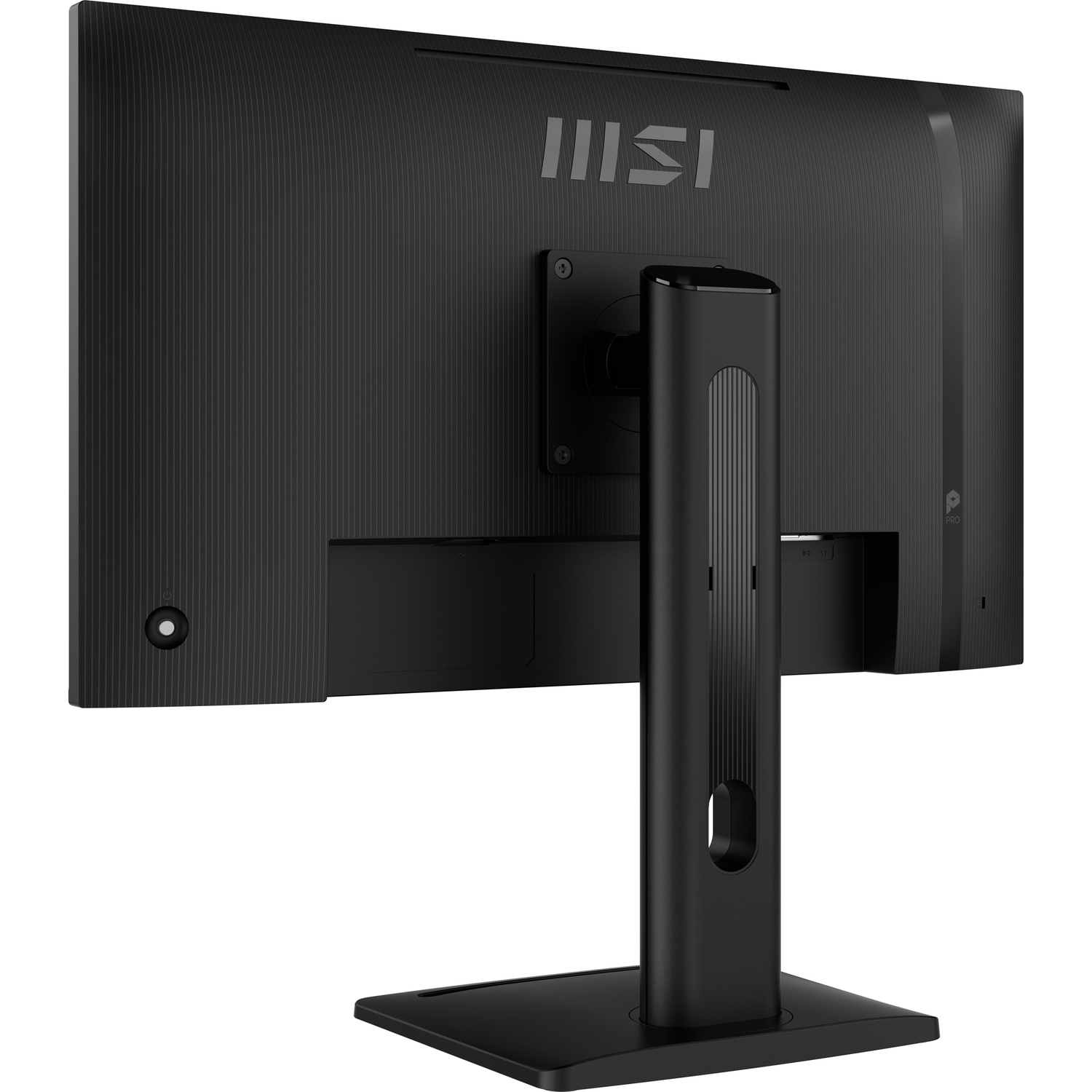 Achterkant van een zwarte MSI monitor met verticale lijnen en standaard.