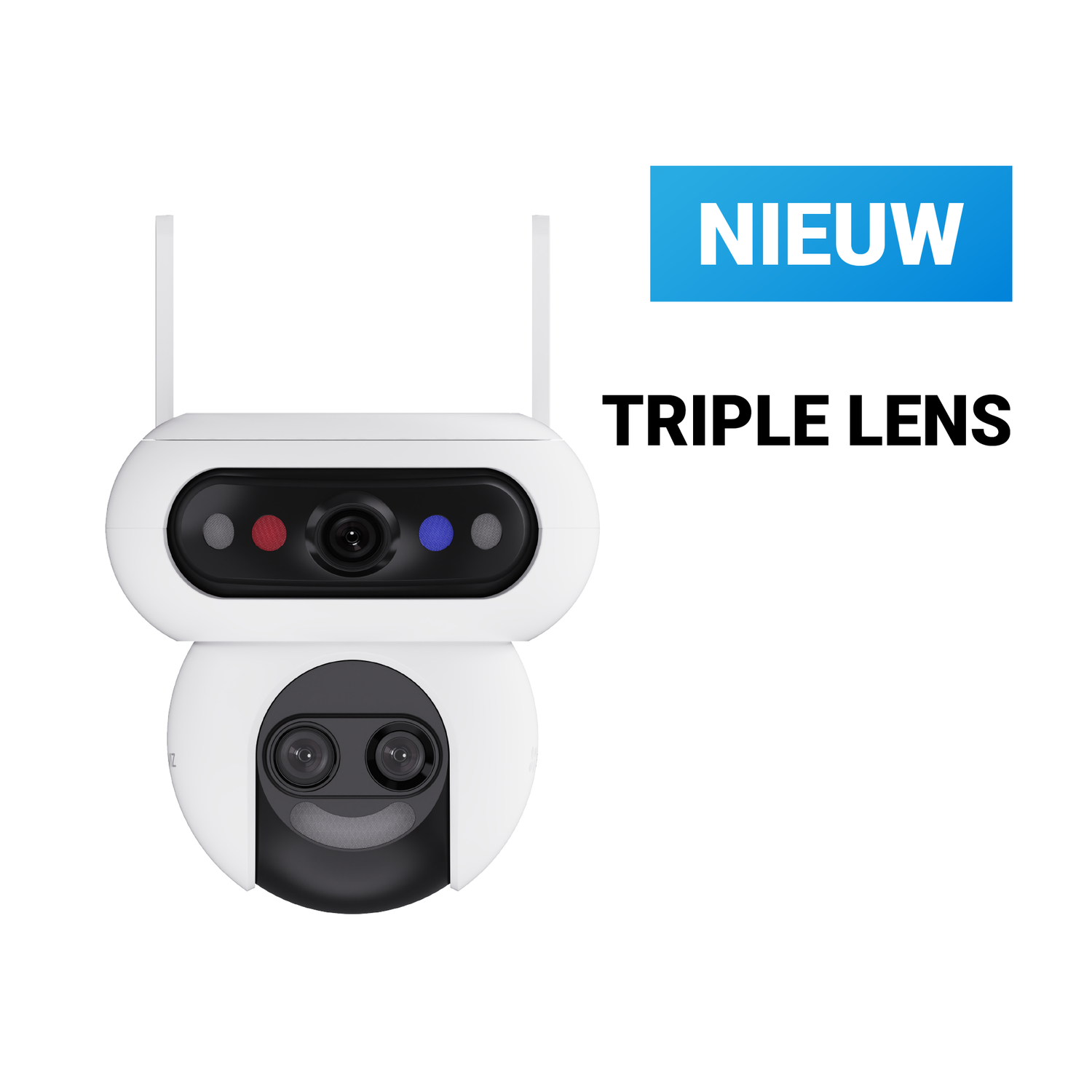 Caméra de sécurité blanche avec triple objectif et antennes. Texte : NOUVEAU, TRIPLE OBJECTIF.