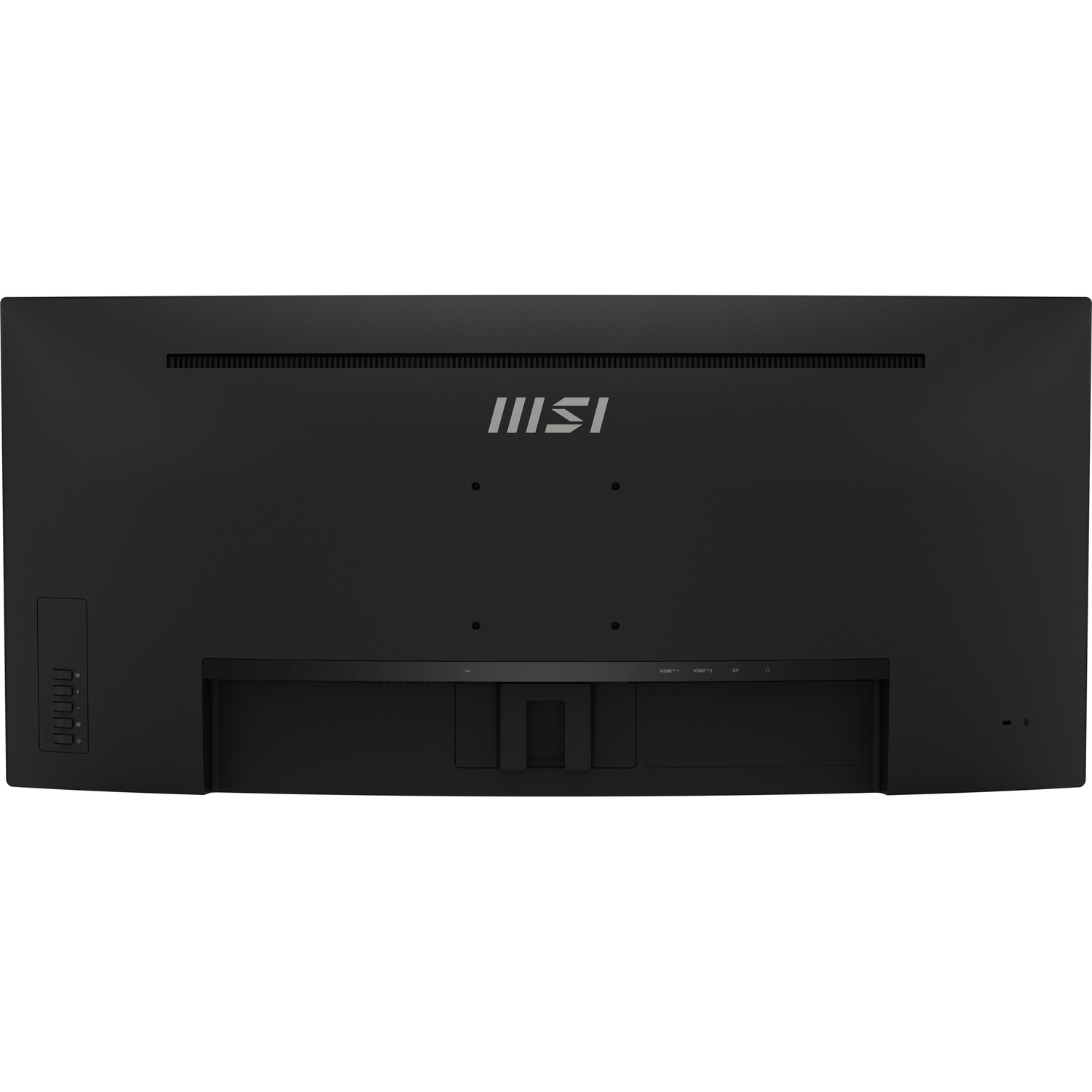 Achterkant van een zwarte MSI monitor met poorten en ventilatieopeningen.
