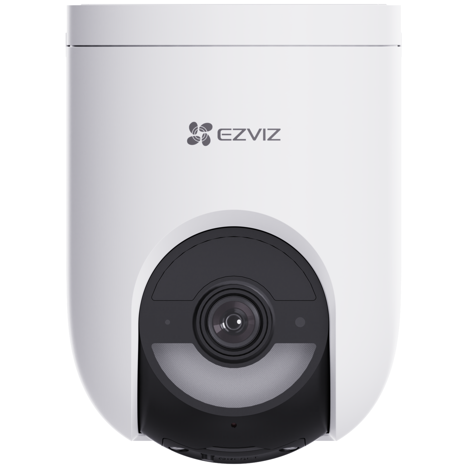 Een witte EZVIZ beveiligingscamera met zwarte lens en luidsprekergrill.
