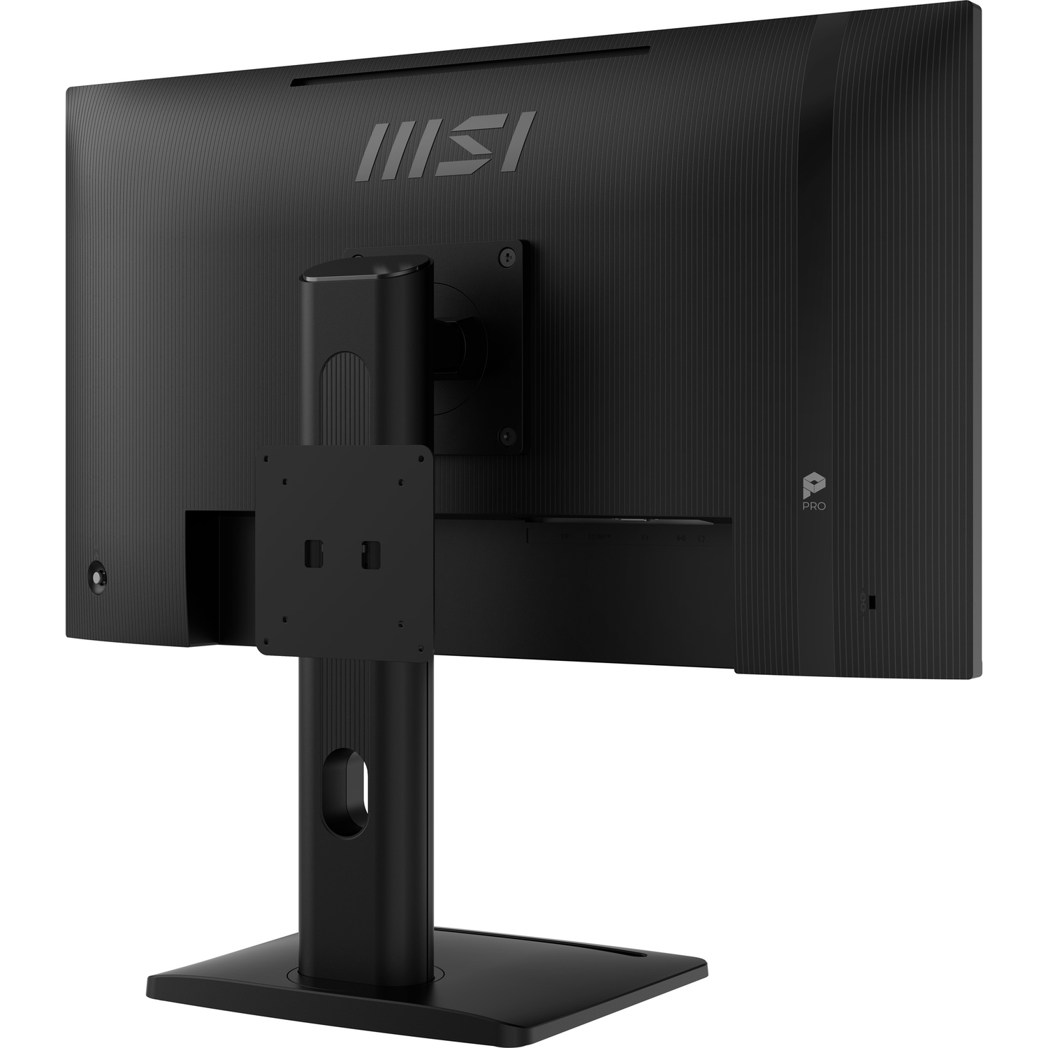 Achterkant van een zwarte MSI monitor met standaard en VESA-montage.