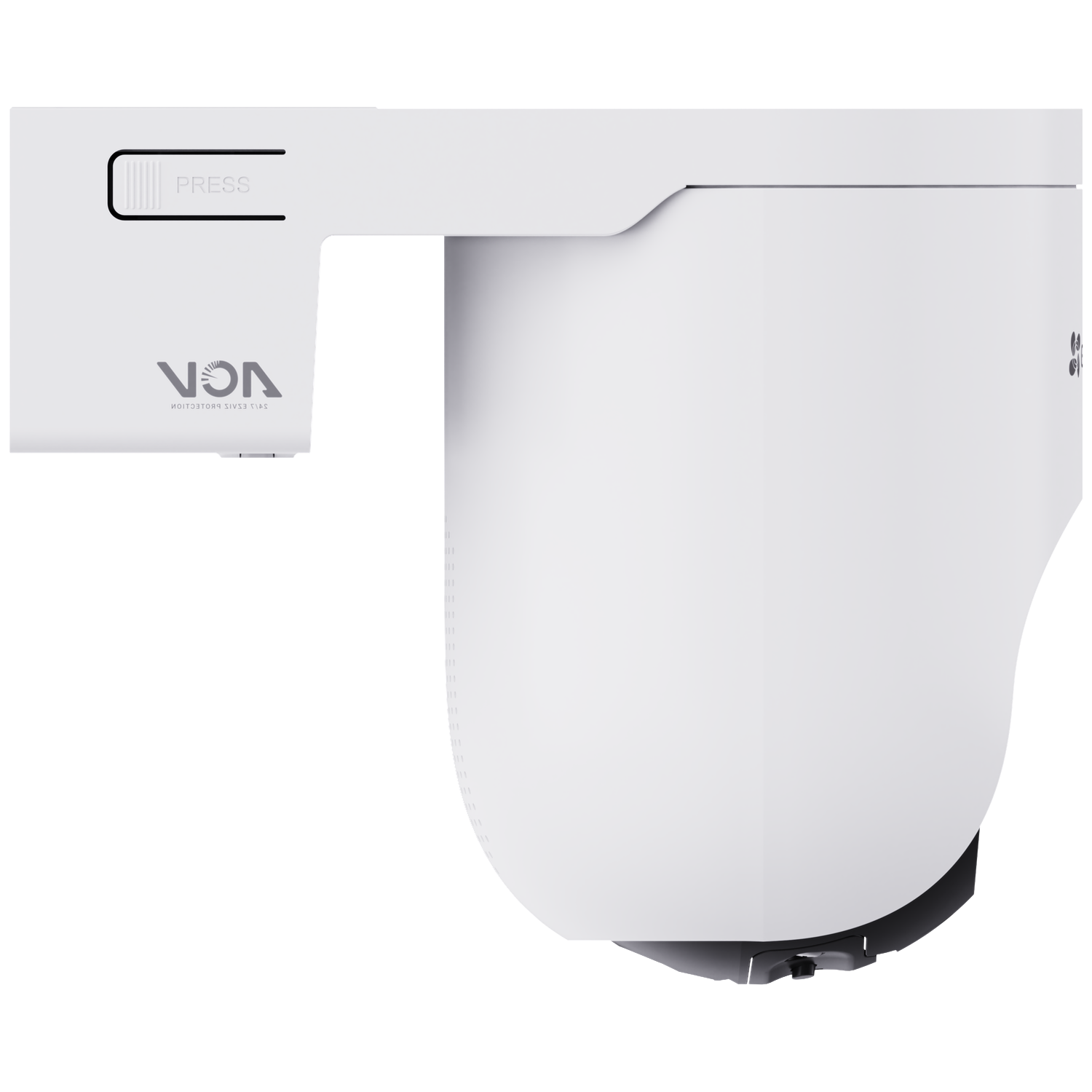 Witte beveiligingscamera met 'PRESS'-symbool en logo.