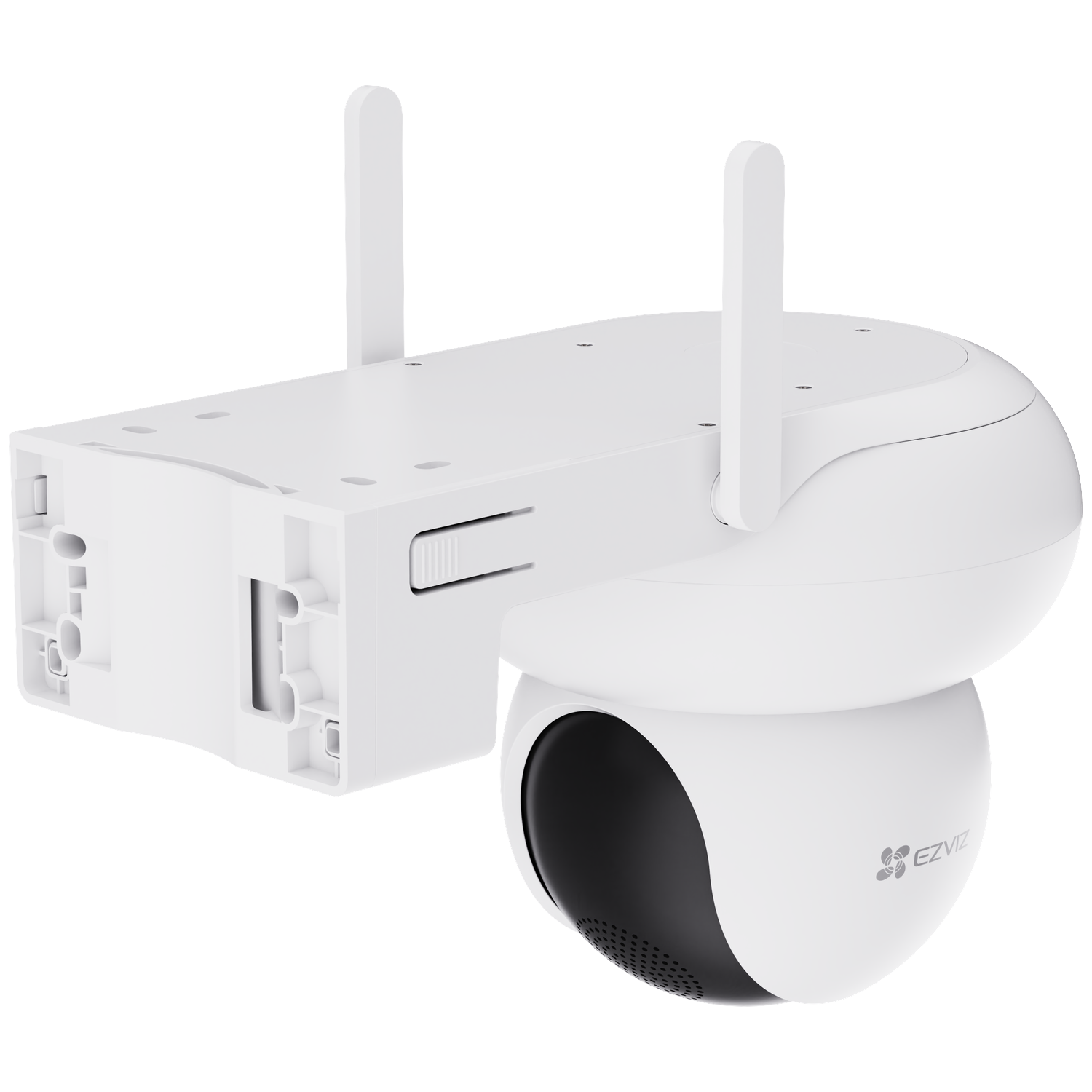 Caméra de sécurité blanche avec deux antennes et objectif noir, sur fond blanc.