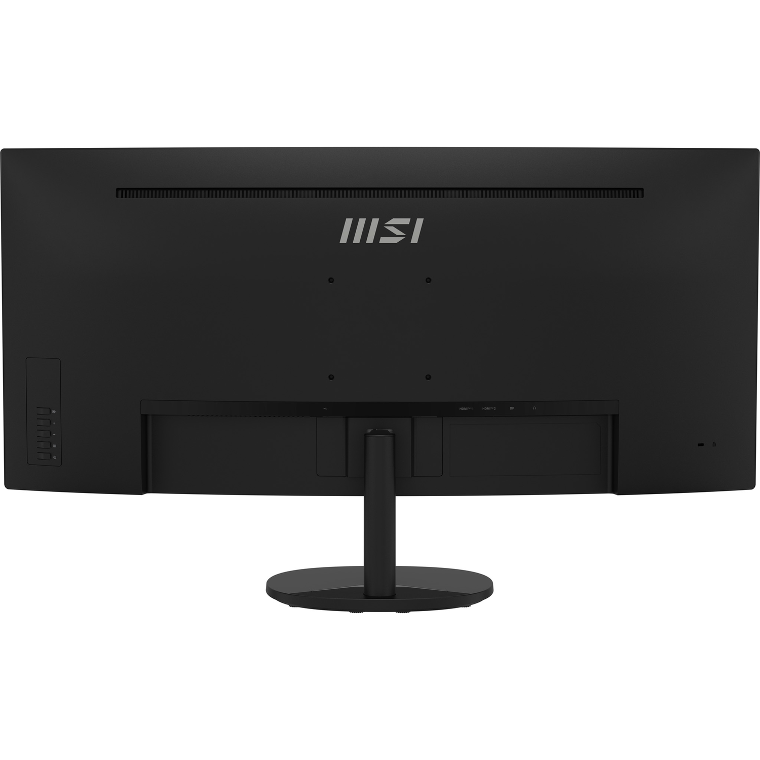 Achterkant van een zwarte monitor met MSI-logo en poorten.