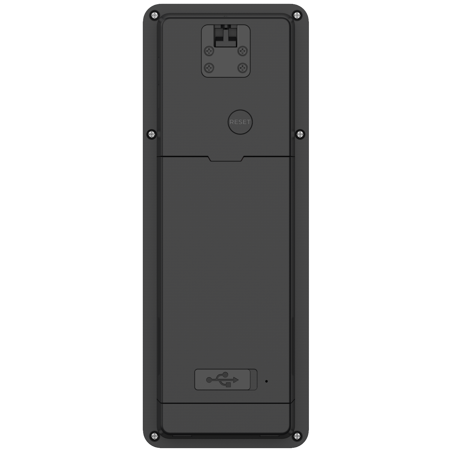 Arrière d'un appareil rectangulaire noir avec bouton de réinitialisation et port USB.