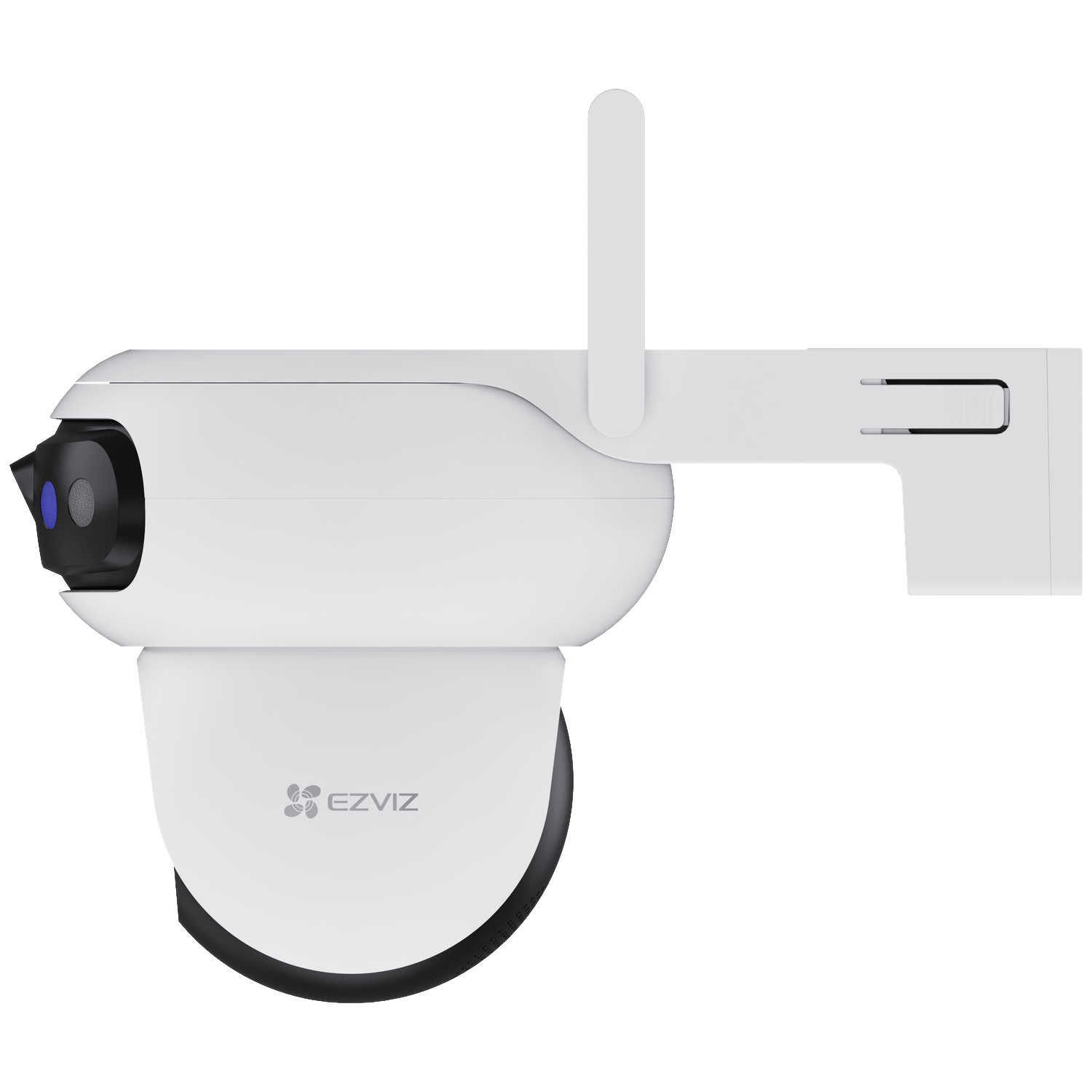 Une caméra de sécurité blanche avec antenne et logo EZVIZ sur fond blanc.