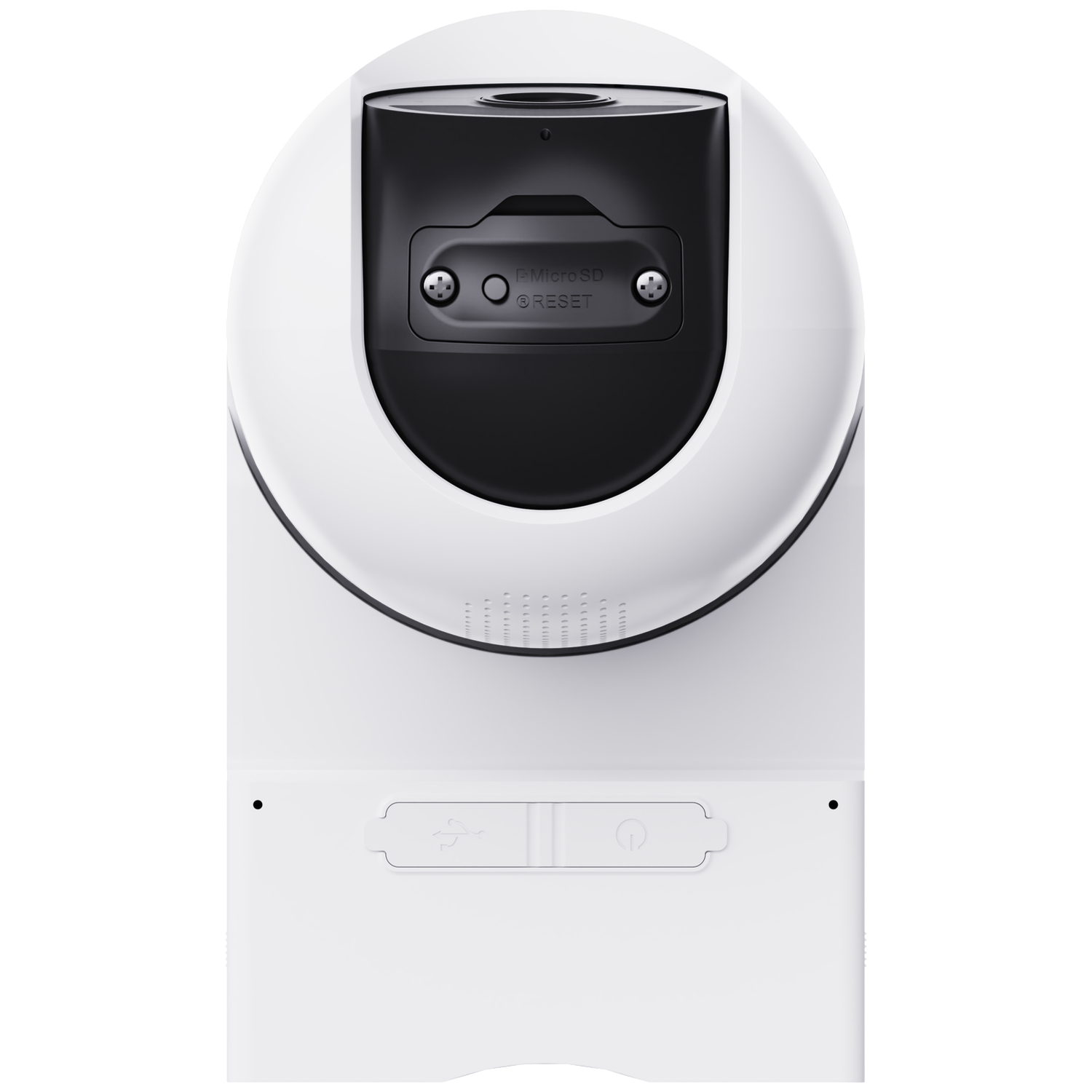 Witte beveiligingscamera met zwarte bovenkant. Bevat MicroSD- en Reset-knoppen.