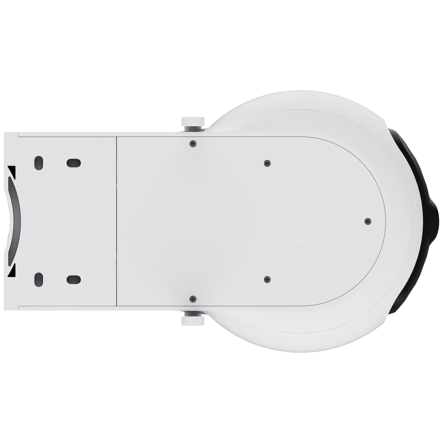 Vue de dessus d'un aspirateur robot blanc avec des accents noirs sur fond blanc.