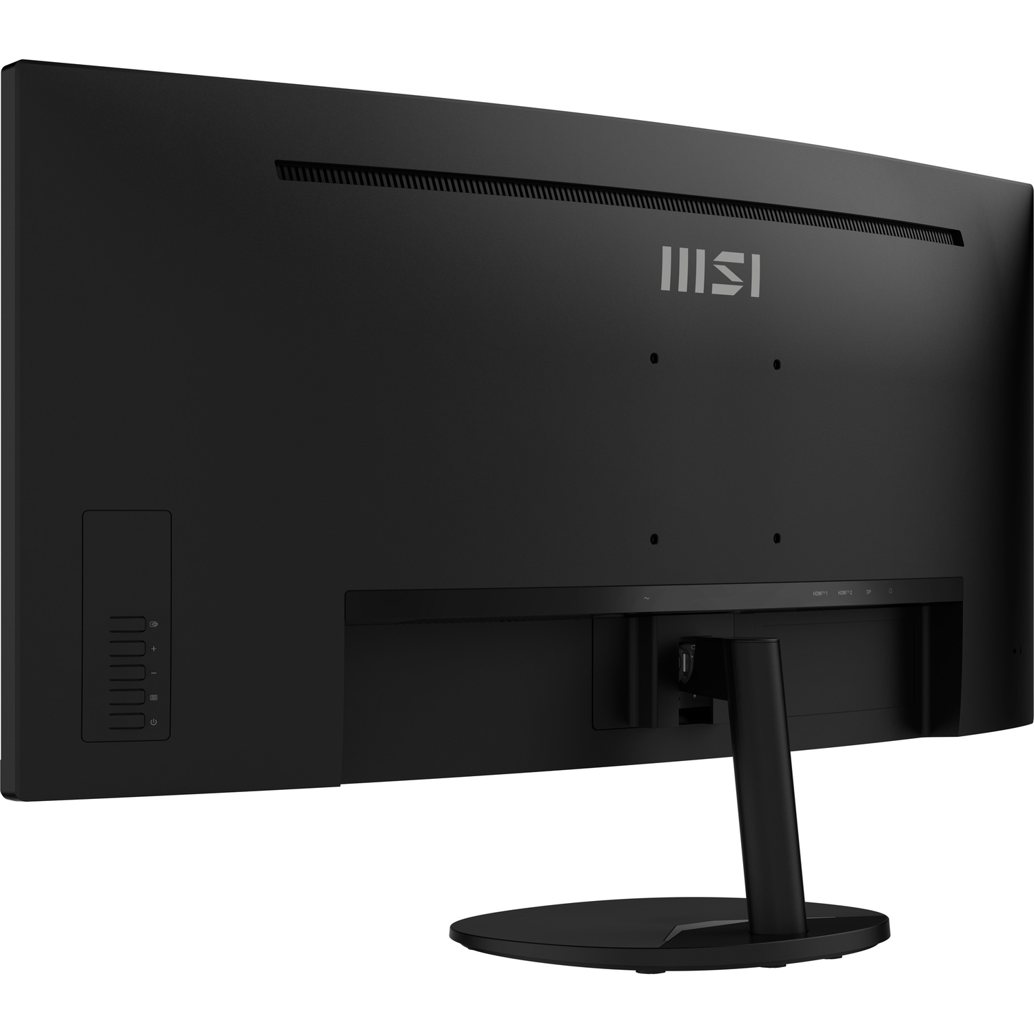 Achterkant van een zwarte MSI monitor met poorten en standaard.