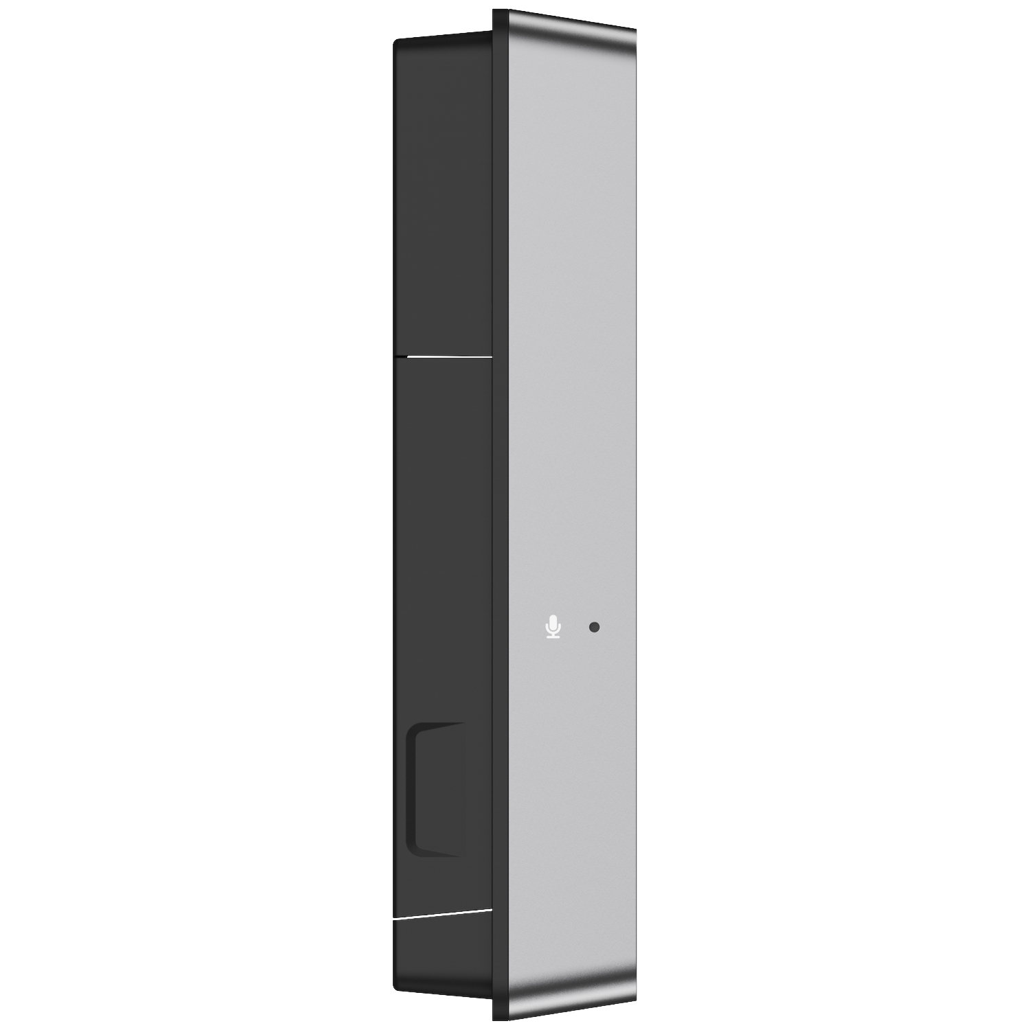 Un appareil rectangulaire élégant, noir et argenté, avec une icône de microphone.
