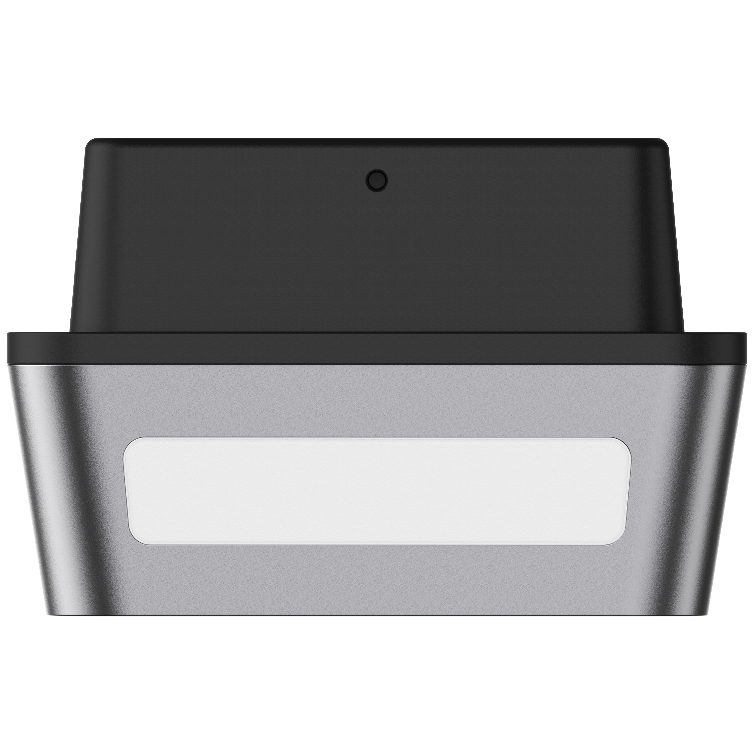 Un appareil électronique argenté et noir avec un panneau blanc rectangulaire.