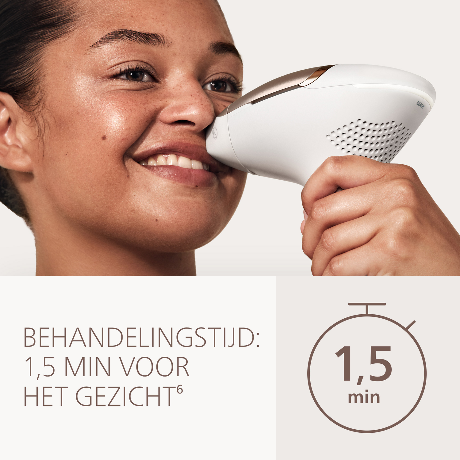 Femme utilisant un appareil IPL sur son visage, temps de traitement de 1,5 min.