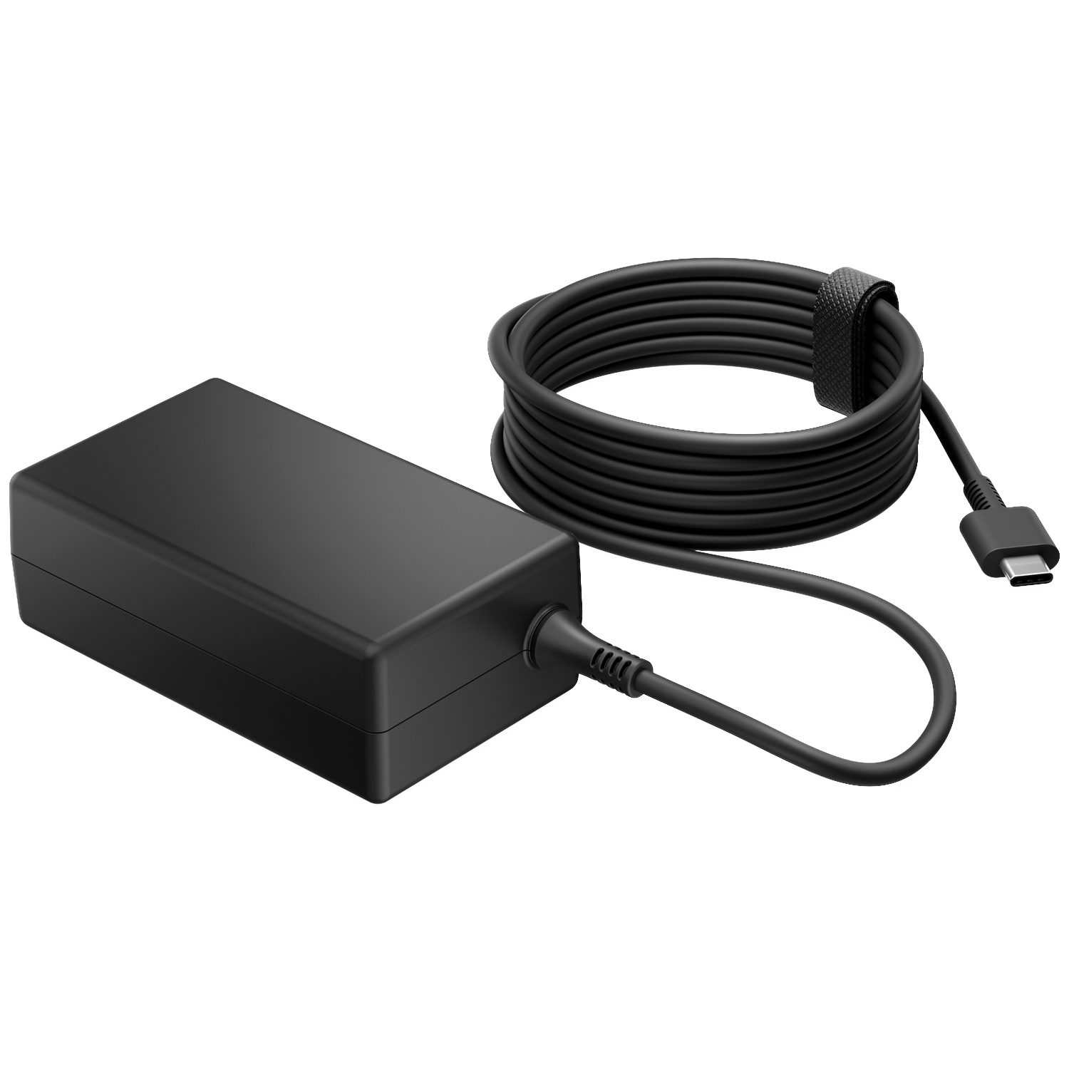 Chargeur d'ordinateur portable noir avec câble enroulé et connecteur USB-C.