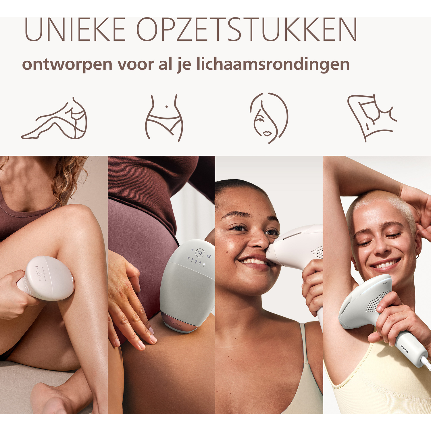 Vier vrouwen gebruiken IPL-apparaten op benen, gezicht en oksels.