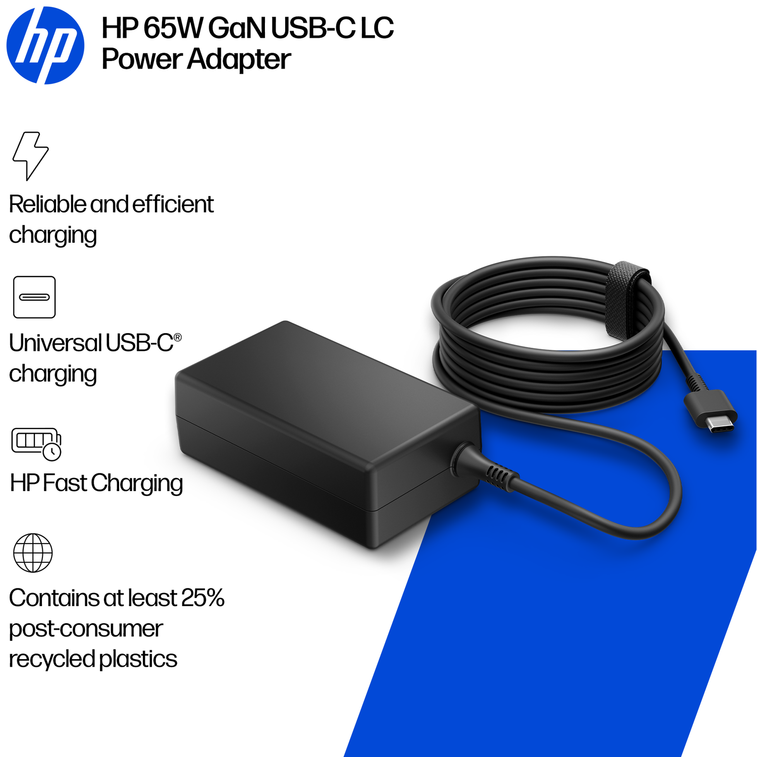 Adaptateur d'alimentation HP 65W GaN USB-C noir avec câble sur fond bleu et blanc.