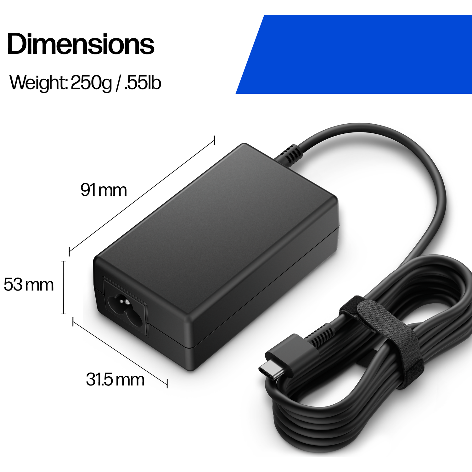 Adaptateur secteur noir pour ordinateur portable avec câble USB-C. Dimensions 91x53x31.5mm.
