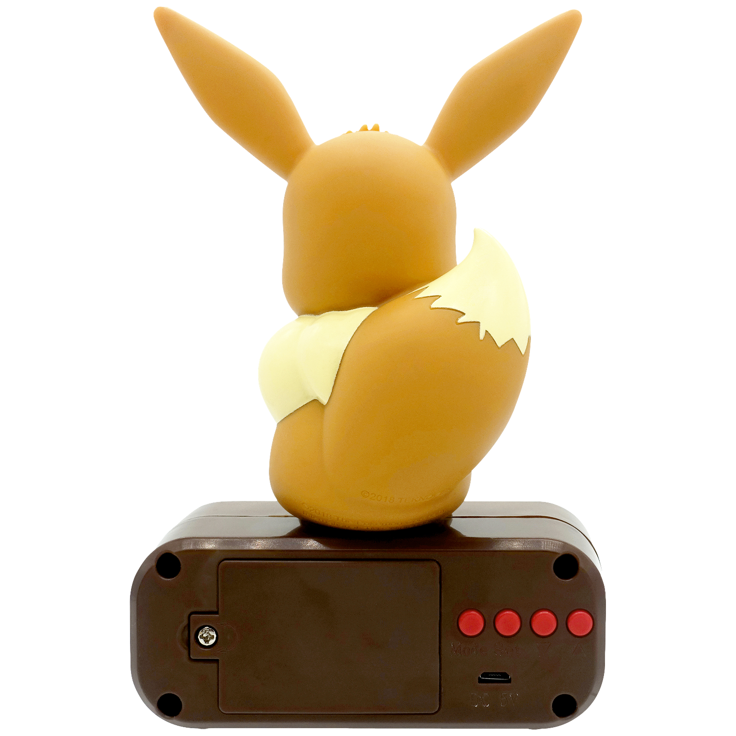 Een bruine Eevee wekker met gele accenten zit op een bruine basis met rode knoppen.