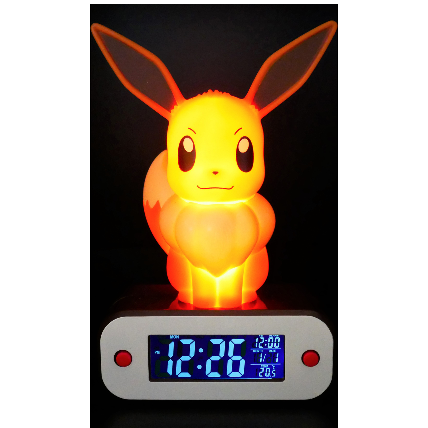 Gloeiende Eevee figuur met digitale klok en temperatuurweergave.