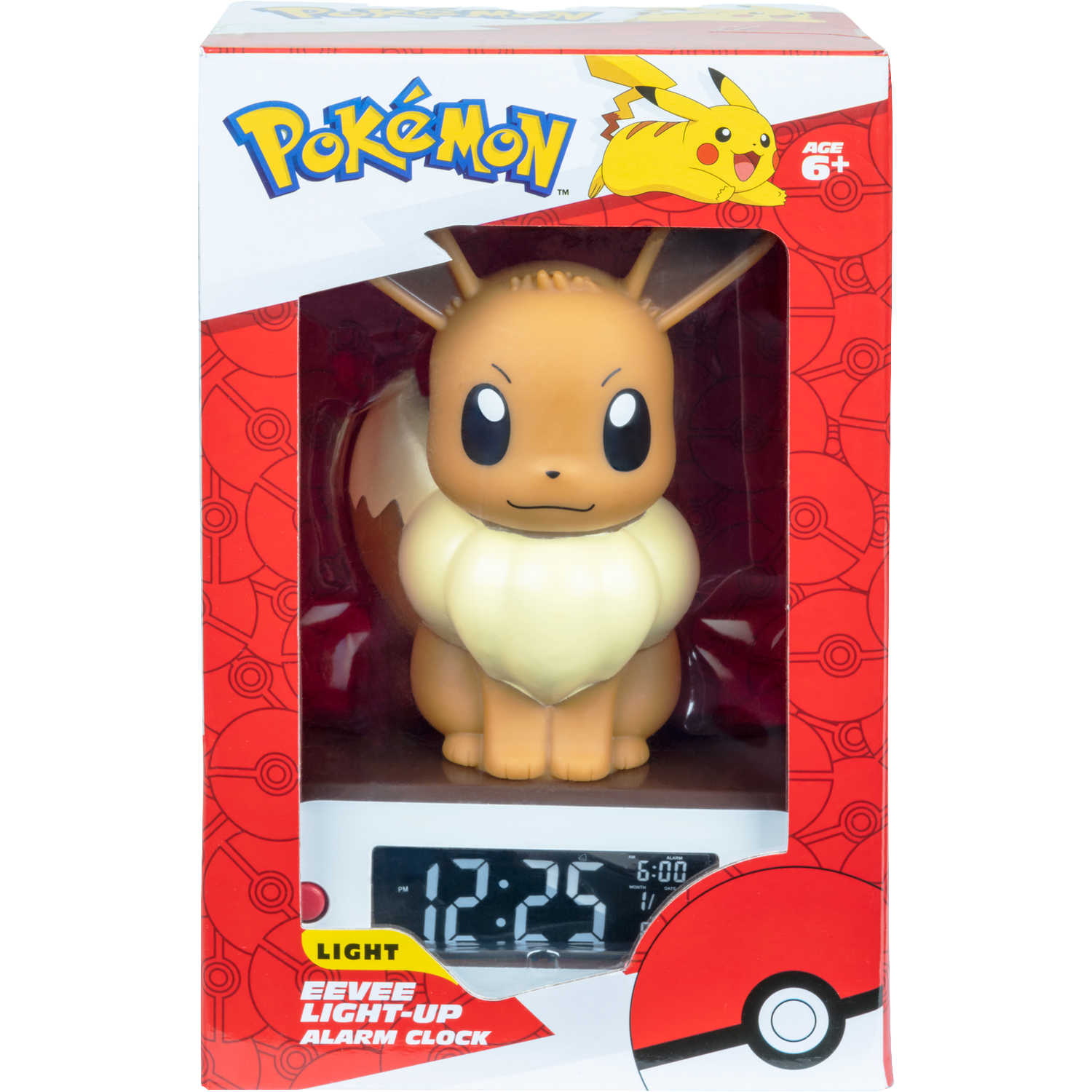 Eevee wekker met licht in Pokémon doos. Display toont 12:25.