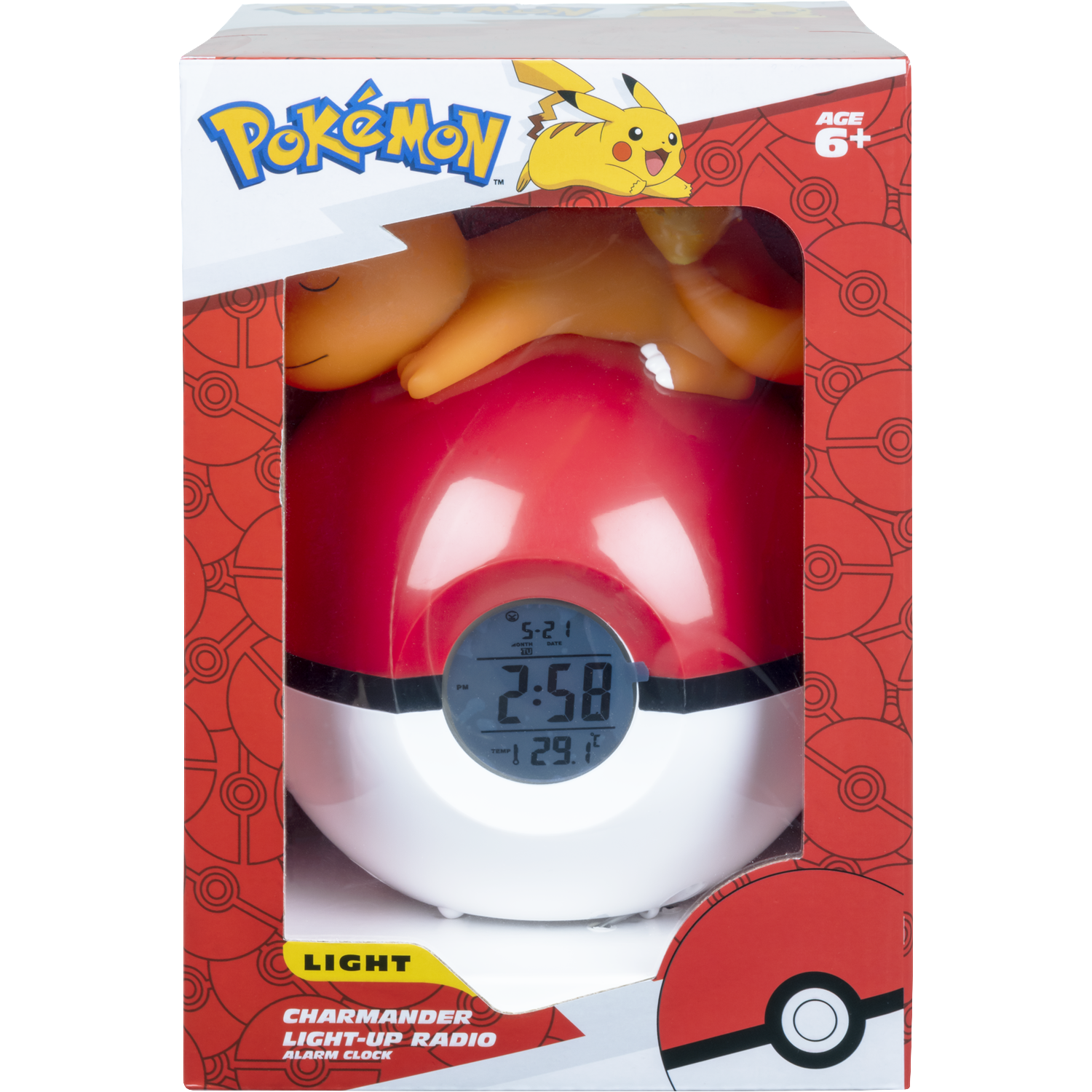 Een Pokémon Charmander licht-up radio wekker in Pokeball-design.