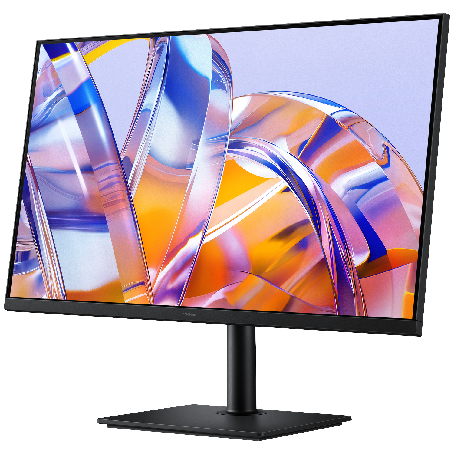 A black monitor displaying an abstract colorful background. The stand is also black.
