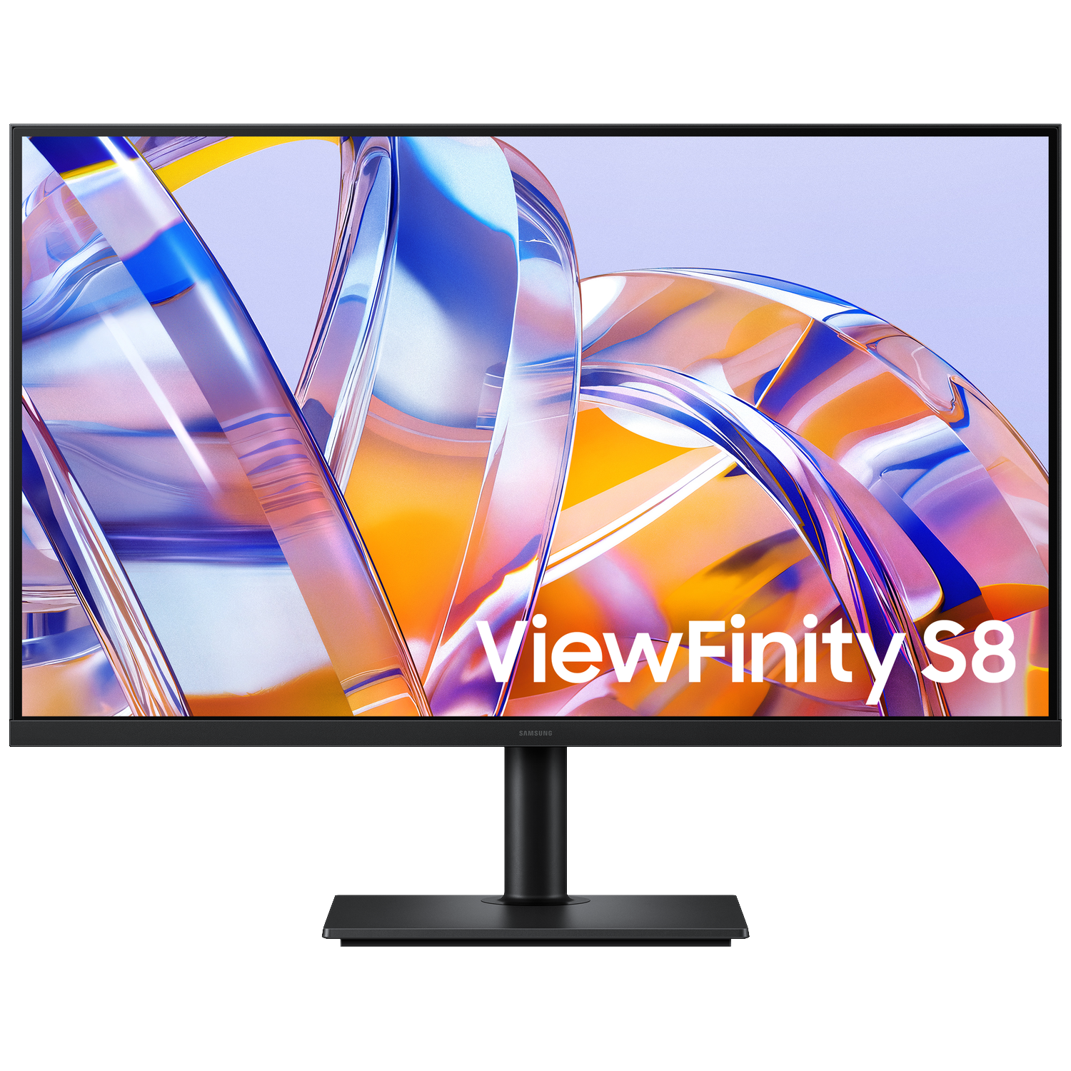 A black monitor displaying abstract colorful graphics with "ViewFinity S8" text.