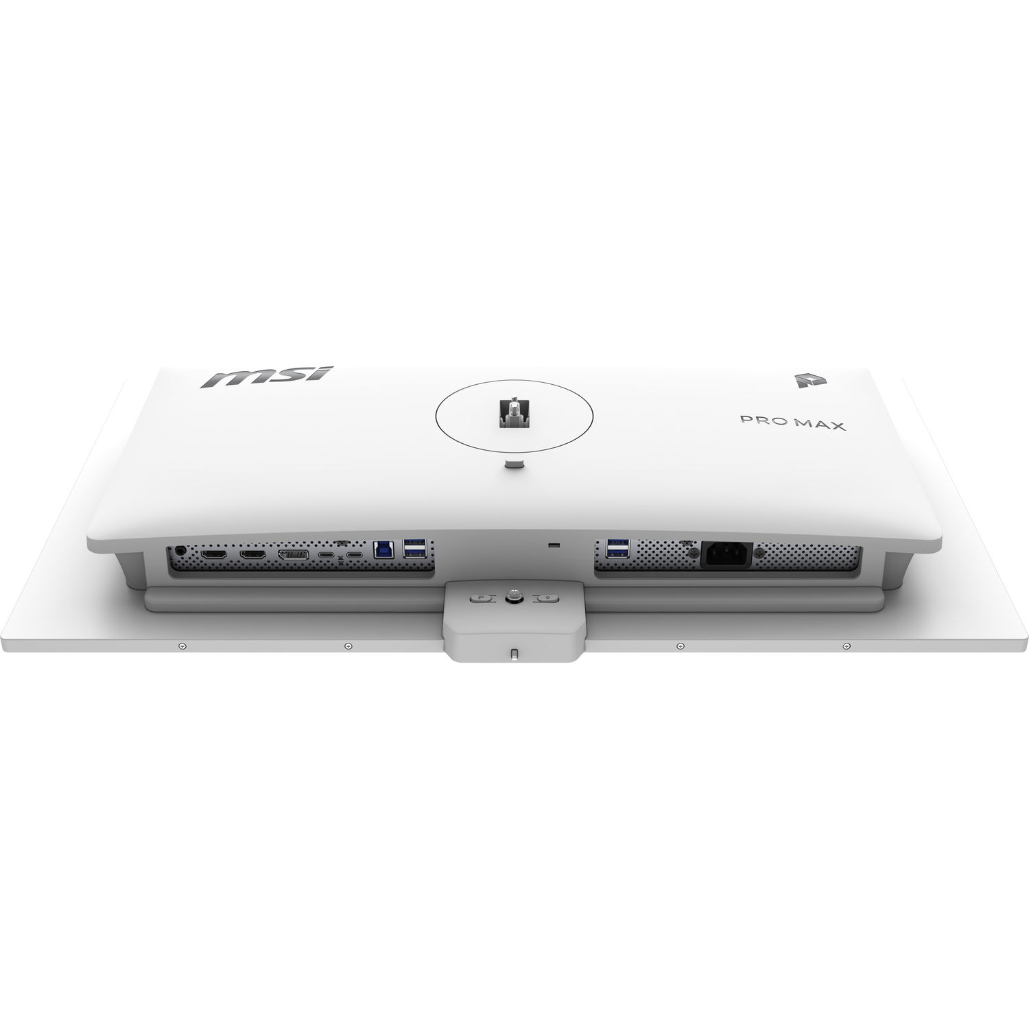 Vue arrière d'un ordinateur tout-en-un blanc montrant ports et logos.