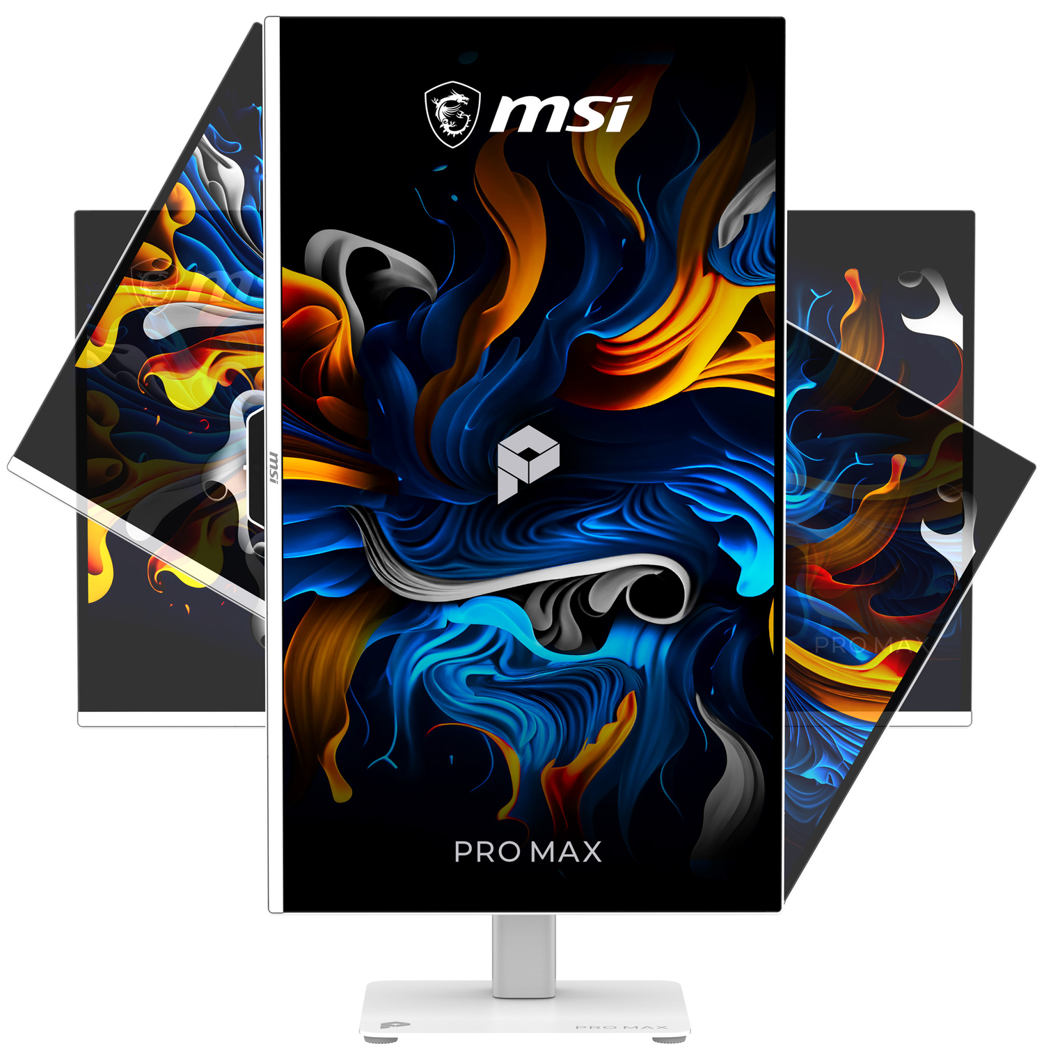 Un moniteur MSI avec un fond abstrait vibrant et le logo MSI.