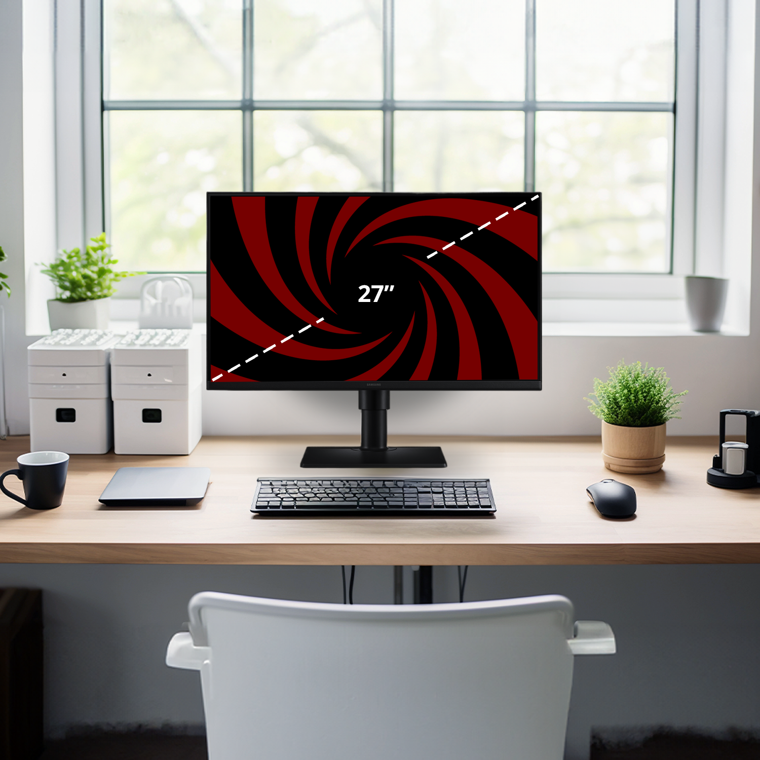 Un bureau avec un moniteur, un clavier, une souris et une tasse devant une fenêtre.