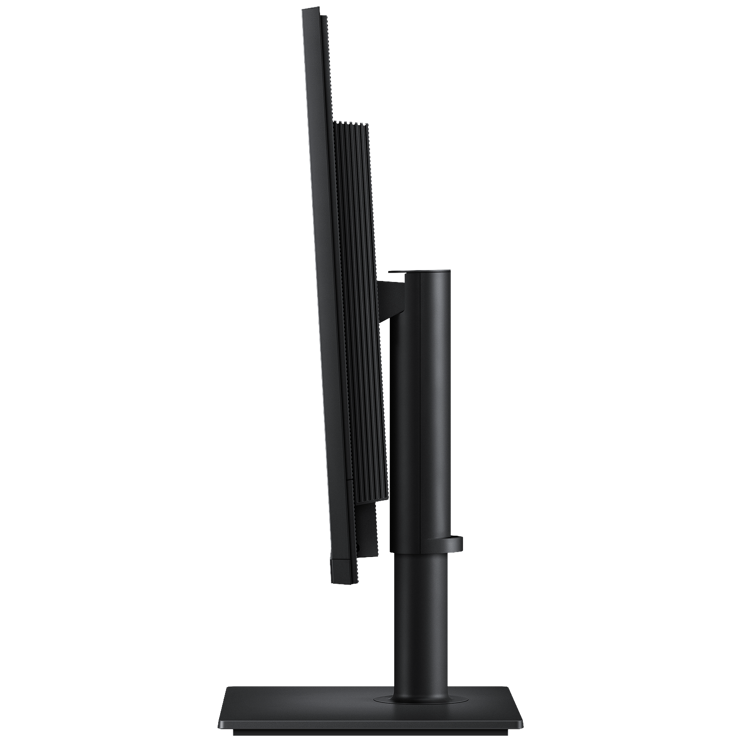 Black monitor with a thin bezel on a rectangular stand, seen from the side.