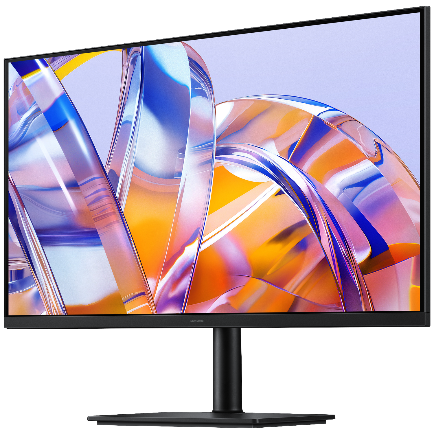 A modern monitor displays an abstract image with blue, orange, and purple hues.