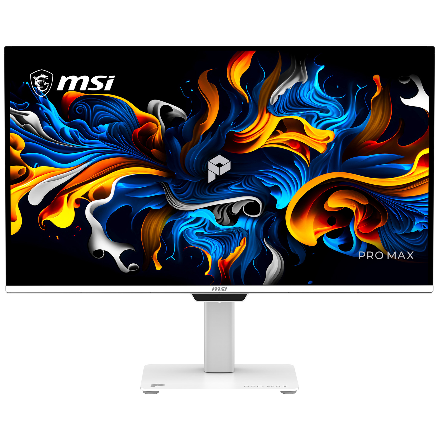 Un moniteur MSI affichant un design abstrait et vibrant dans des tons bleus, oranges et blancs.