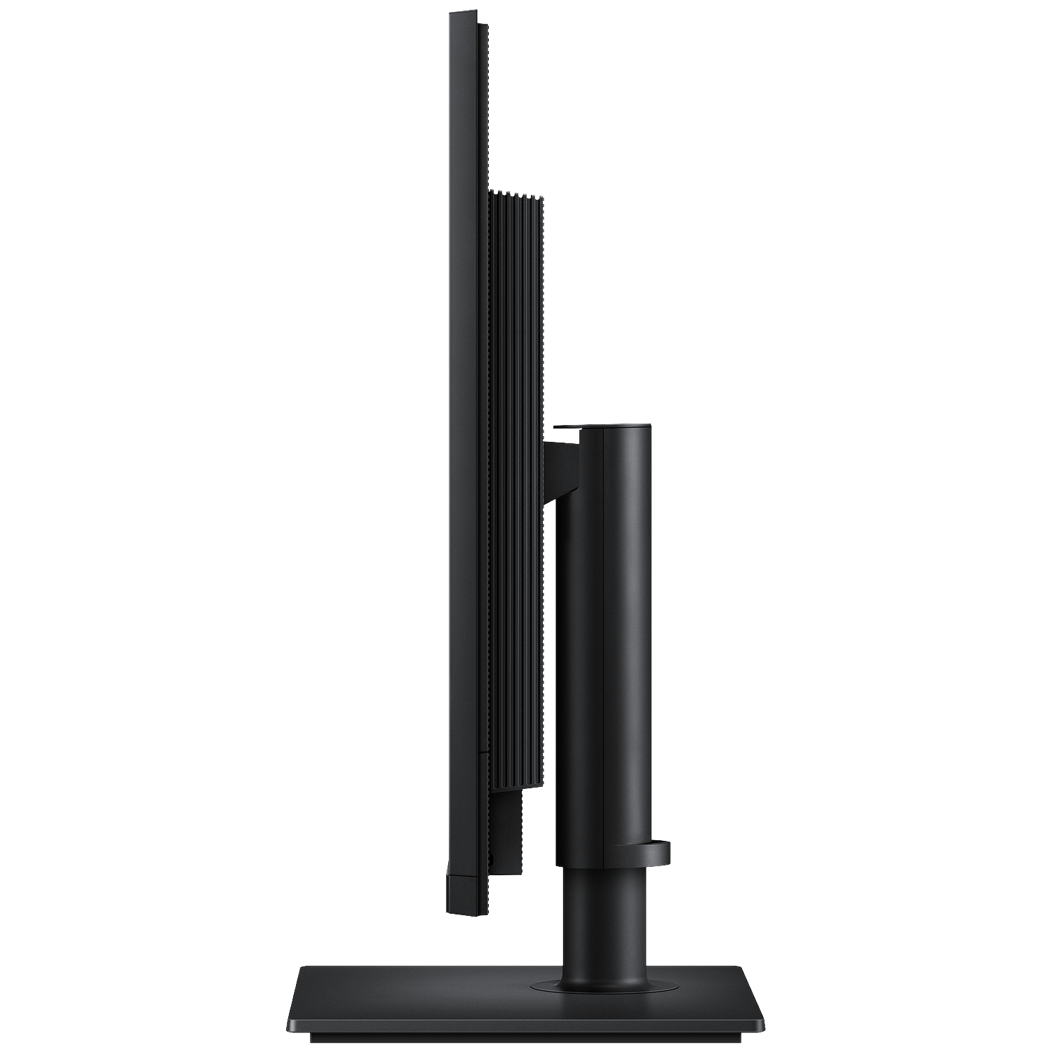 Black computer monitor shown from the side with its stand.