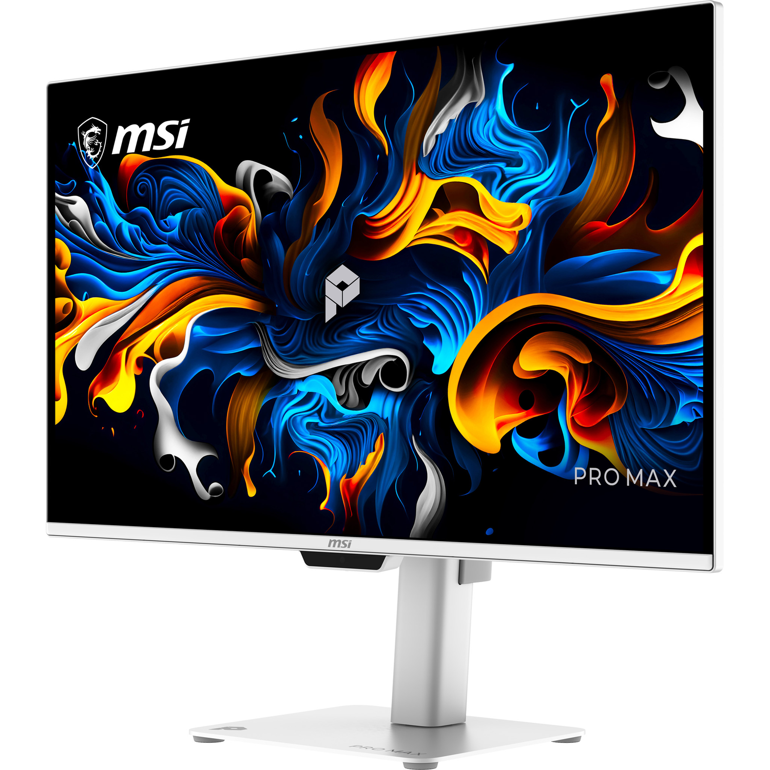 Un moniteur MSI affichant un fond abstrait et vibrant aux teintes bleues, oranges et blanches.