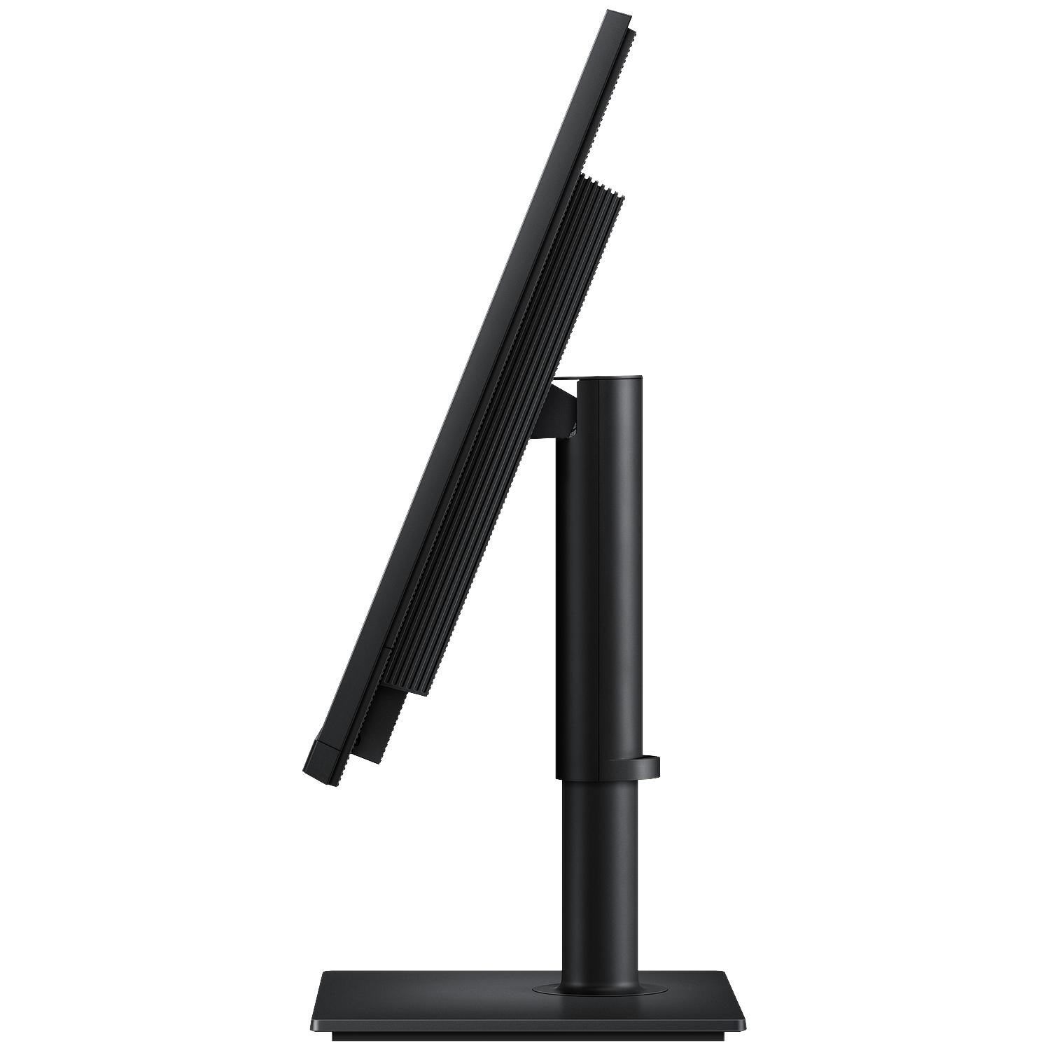 A black computer monitor with a stand, seen from the side.