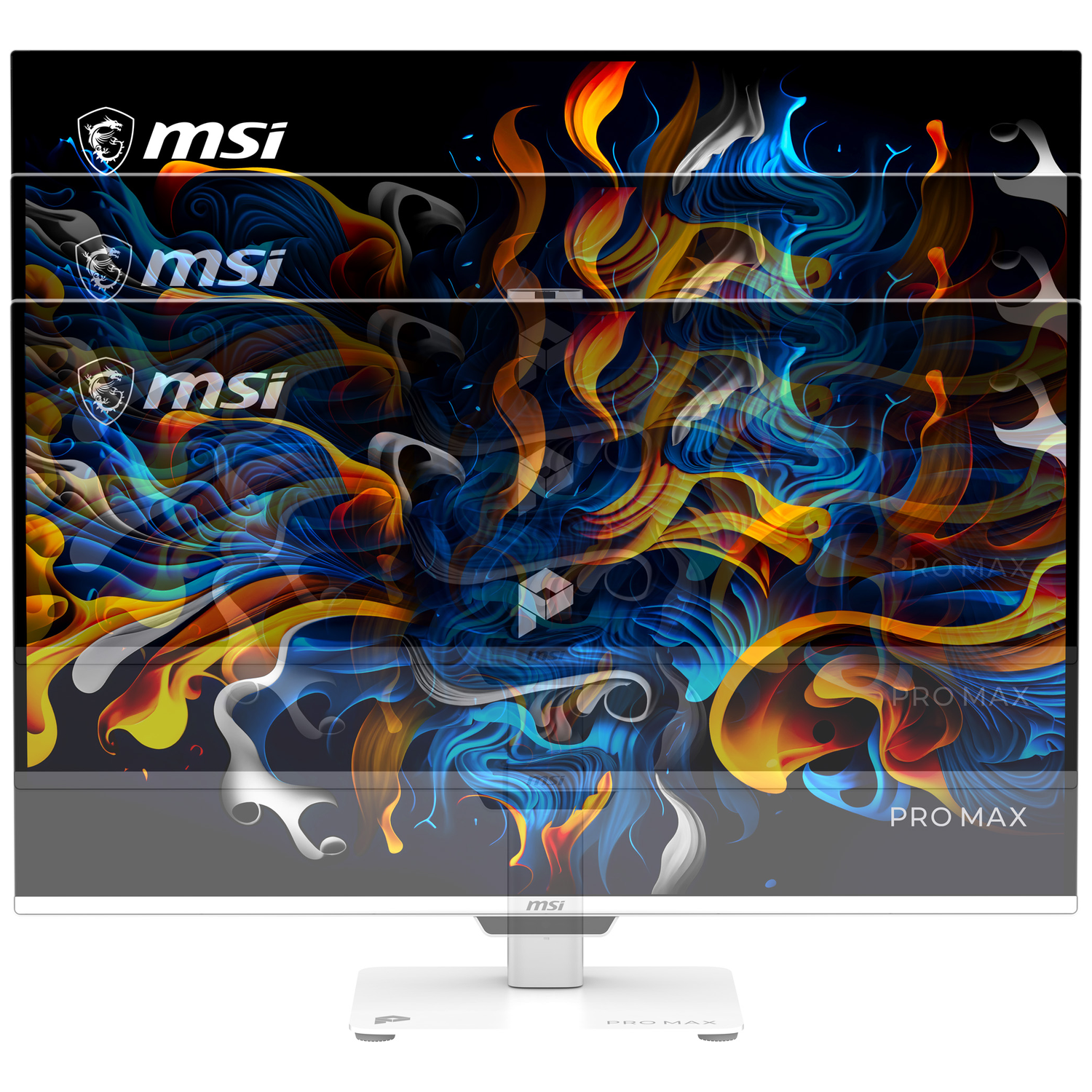 Logo MSI sur un motif abstrait de flammes aux tons bleus, jaunes et rouges sur un moniteur.