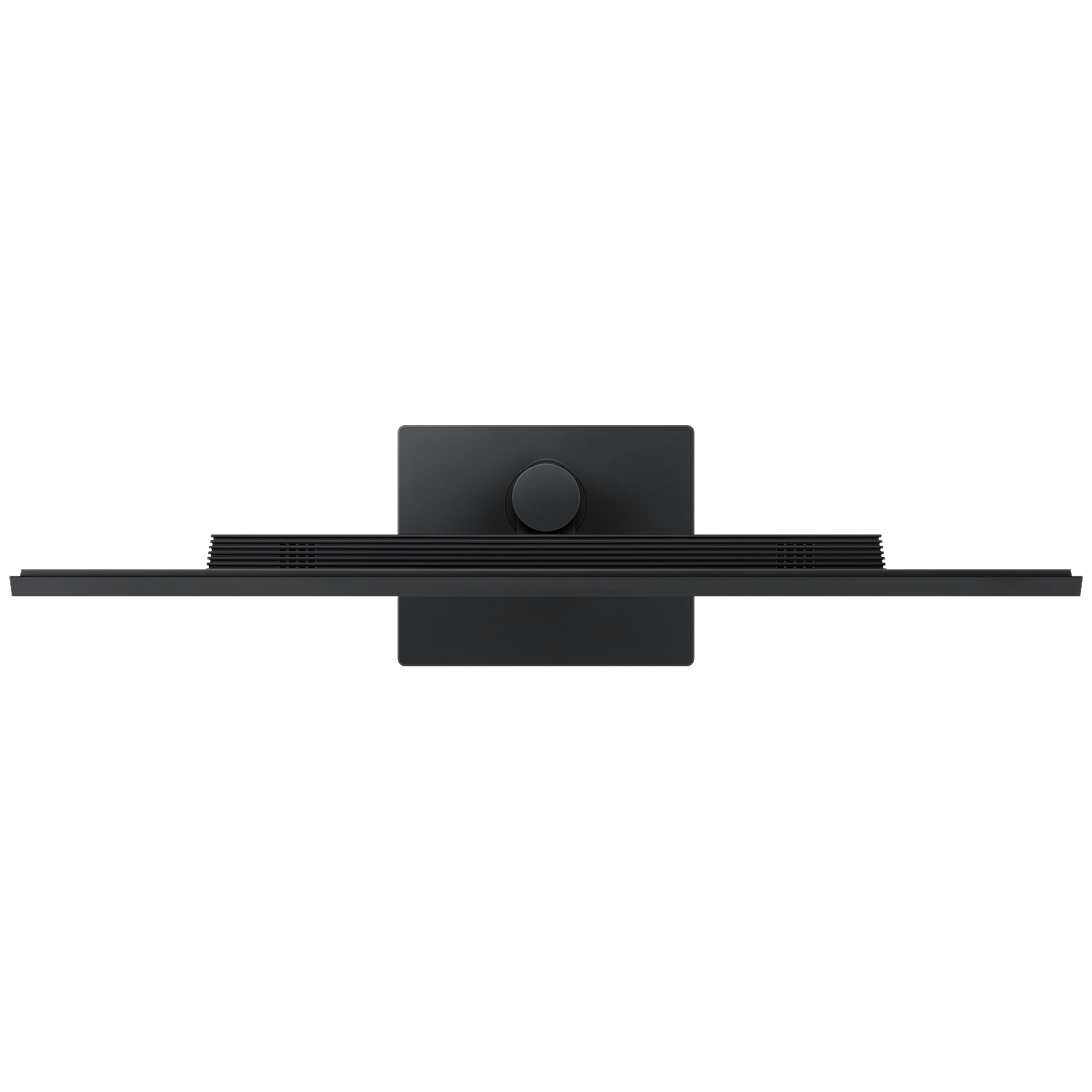 Black monitor stand with horizontal slats and a central round element, viewed from above.