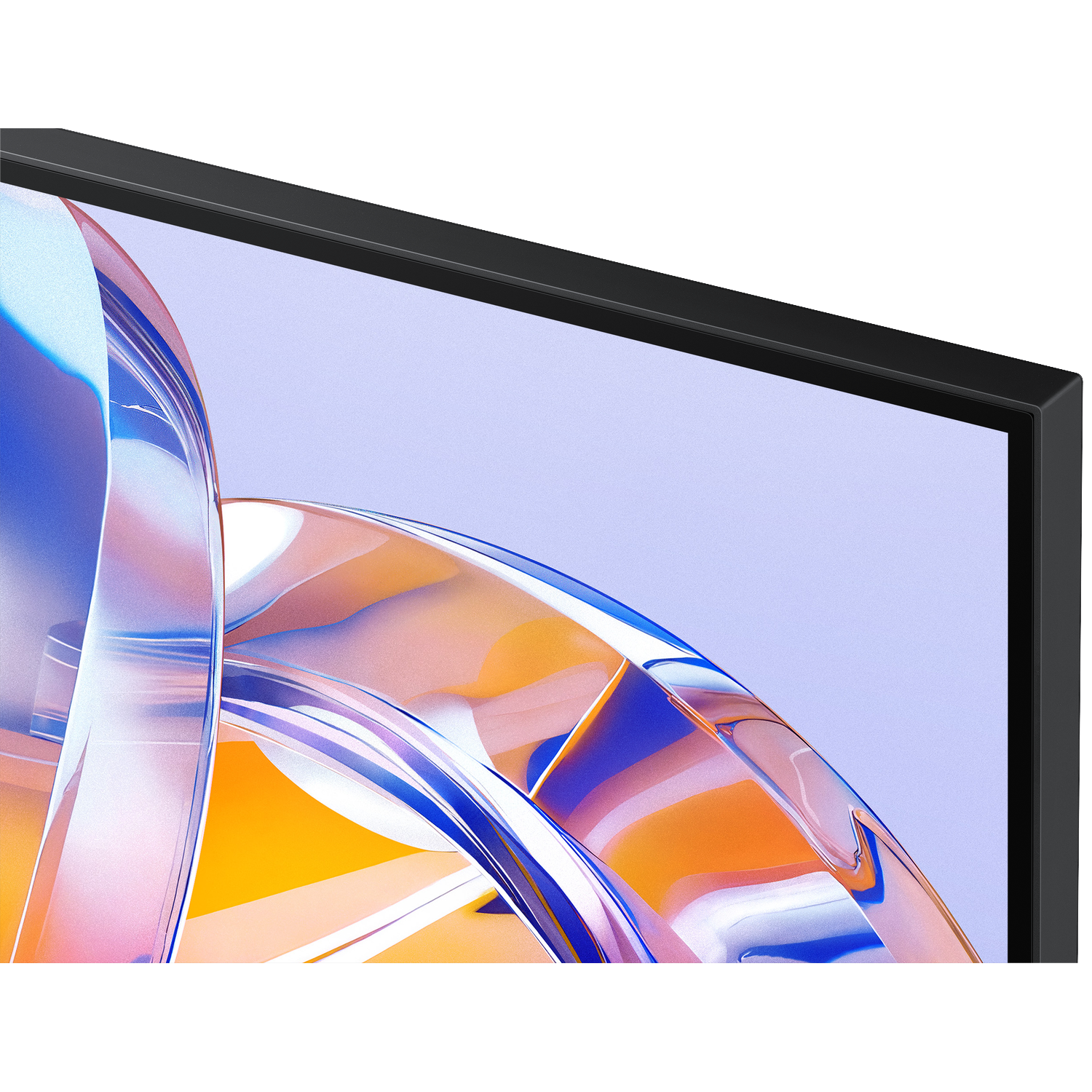 Abstract, curved shapes in orange, blue, and pink on a light background.