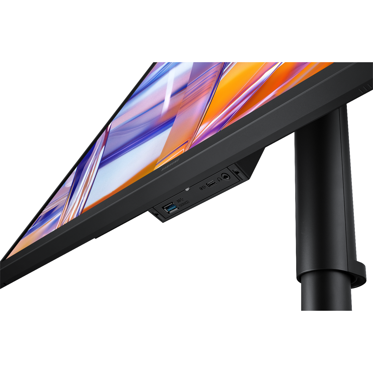 A black monitor with a colorful screen and ports.