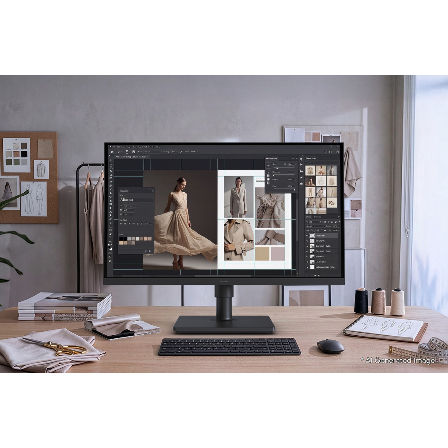 A monitor displaying design software, with fabrics, scissors, and thread on a desk.