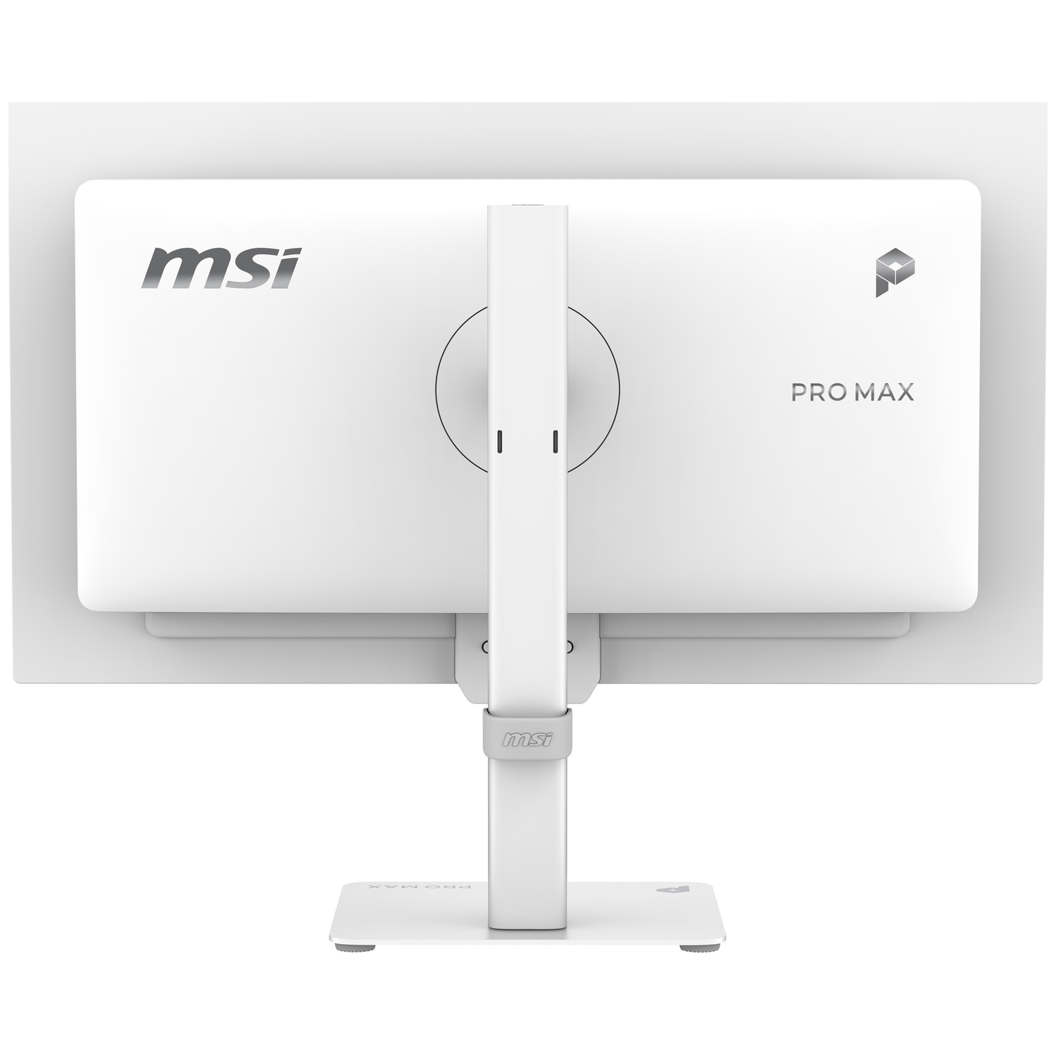 Moniteur MSI PRO MAX blanc vu de dos, avec pied et logos visibles.