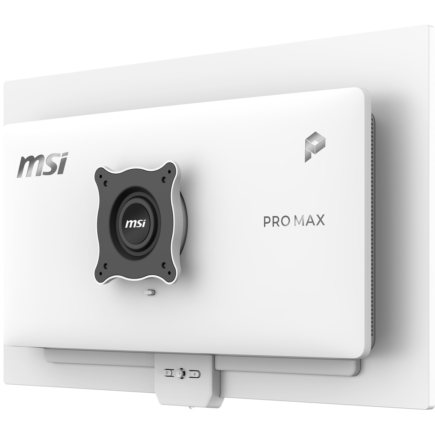 Arrière d'un moniteur MSI PRO MAX blanc avec support VESA et logo.
