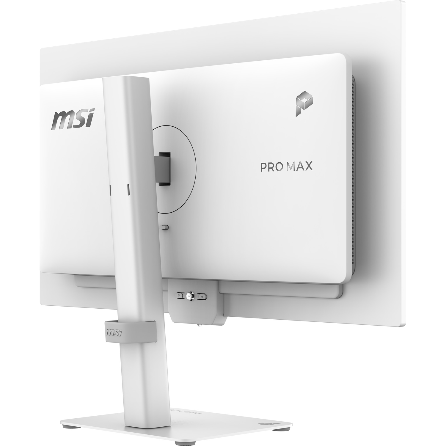 Vue arrière d'un moniteur MSI Pro Max blanc avec support argenté et ports.