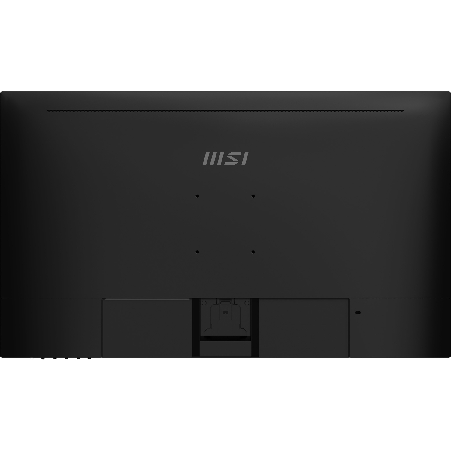 Achterkant van een zwarte monitor met MSI-logo en poorten aan de onderkant.
