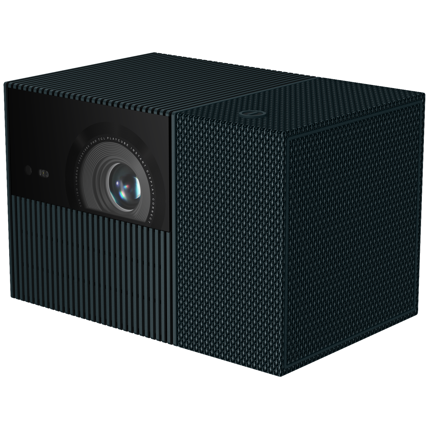 Un projecteur noir avec une lentille à l'avant et un dessus côtelé.