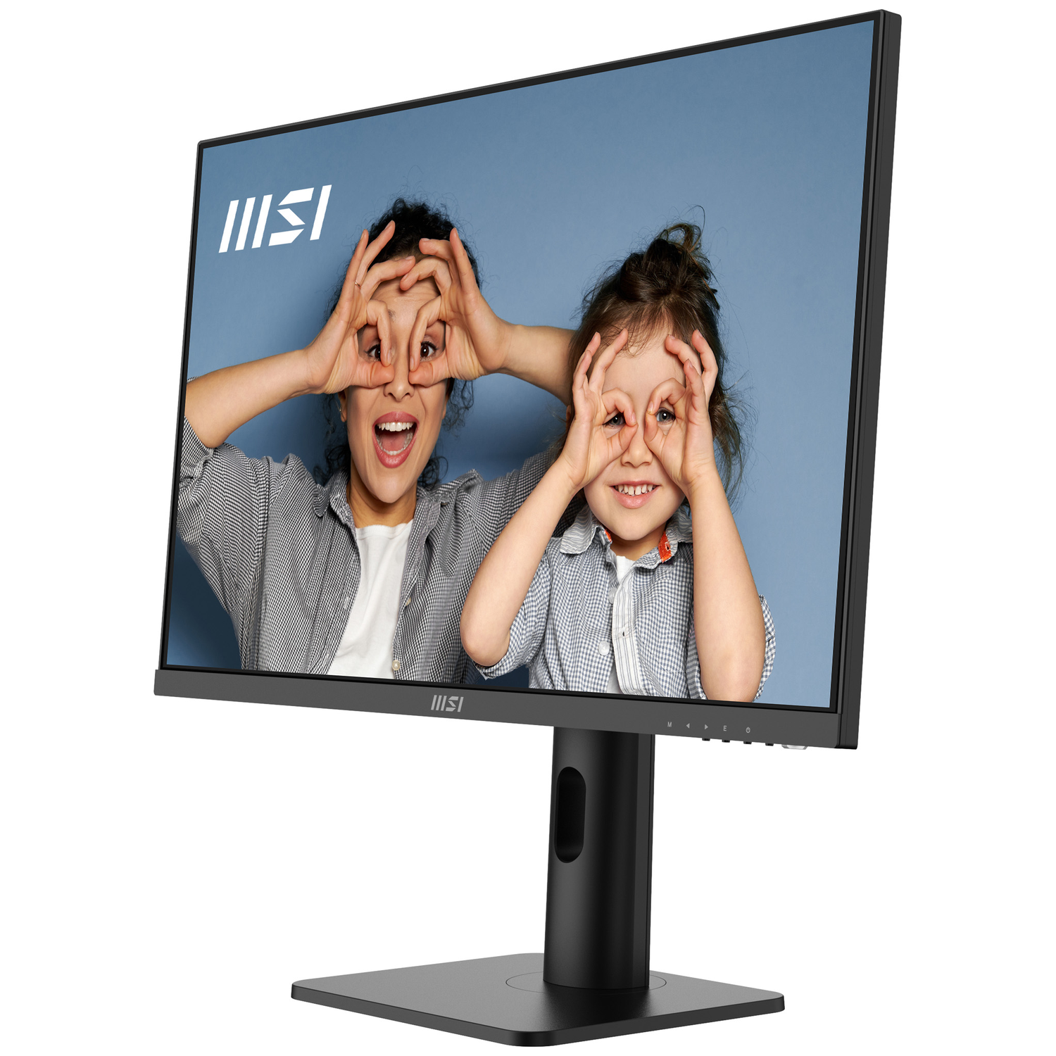 Twee mensen maken gekke gezichten met handen voor hun ogen op een MSI monitor.