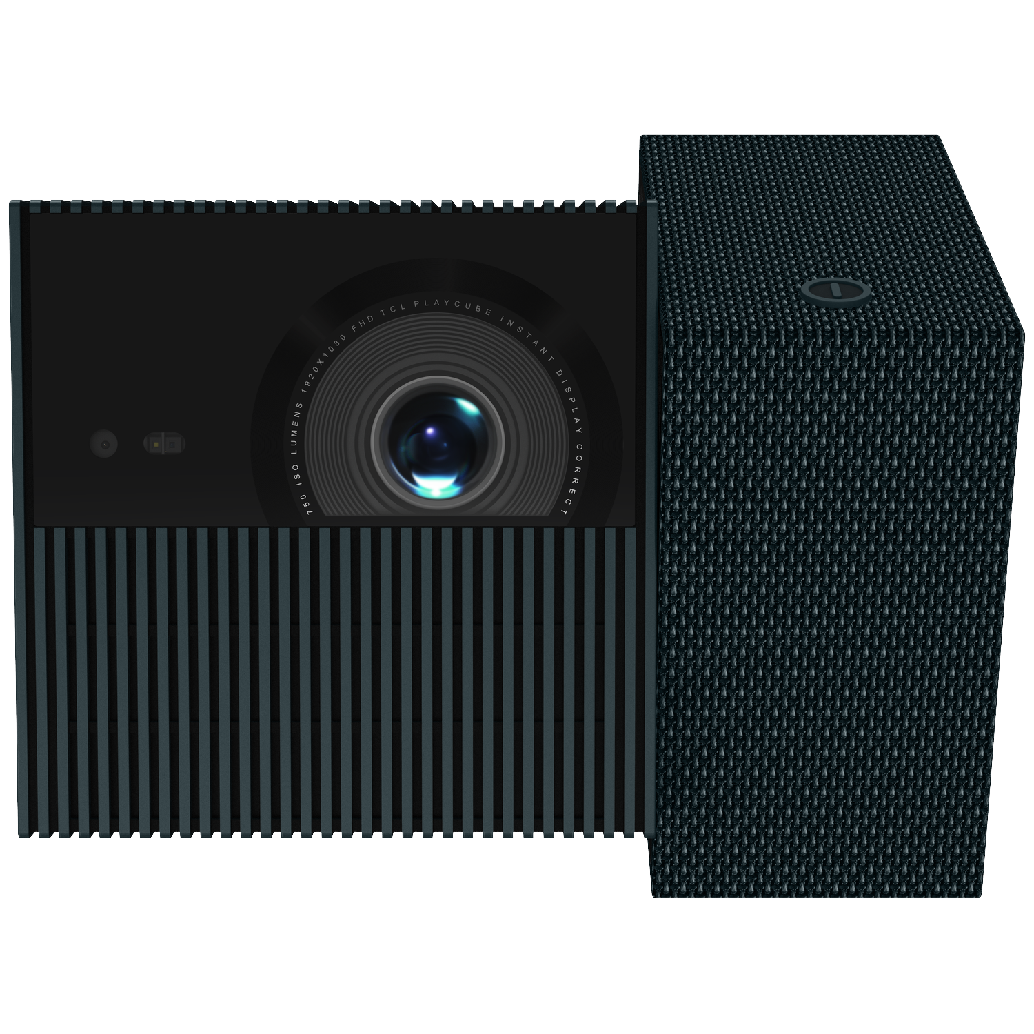 Projecteur moderne avec lentille et grille de haut-parleur texturée. Noir et gris.