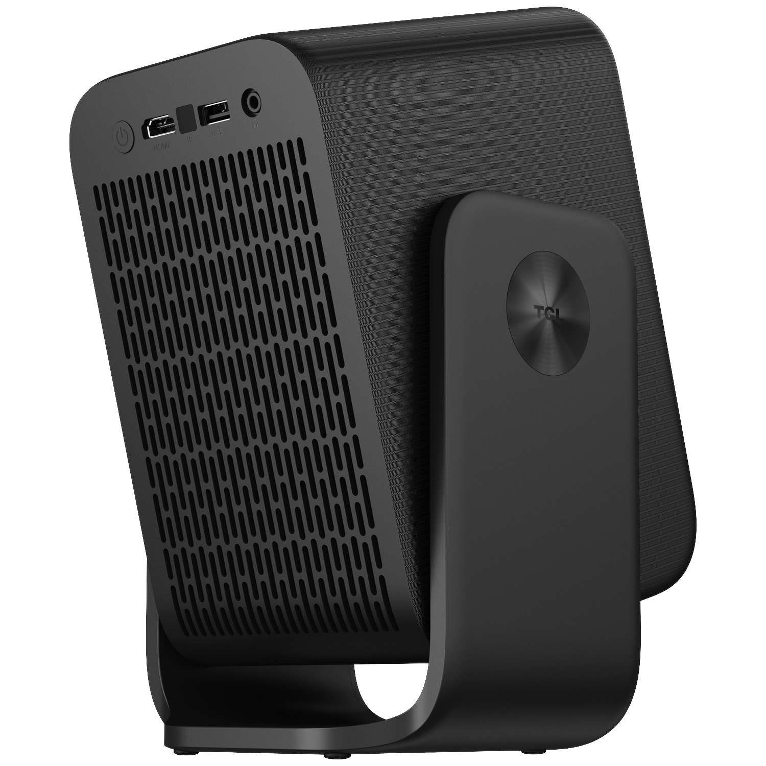 Projecteur TCL noir sur un support, montrant les ports : alimentation, HDMI, USB, IR et sortie audio.