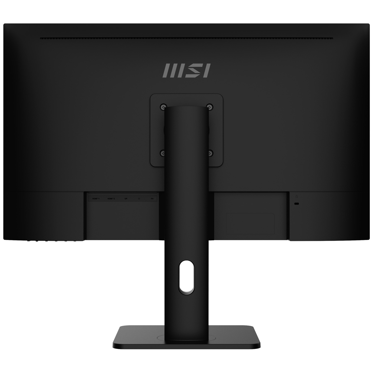 Achterkant van een zwarte MSI-monitor met standaard, poorten en ventilatieopeningen.